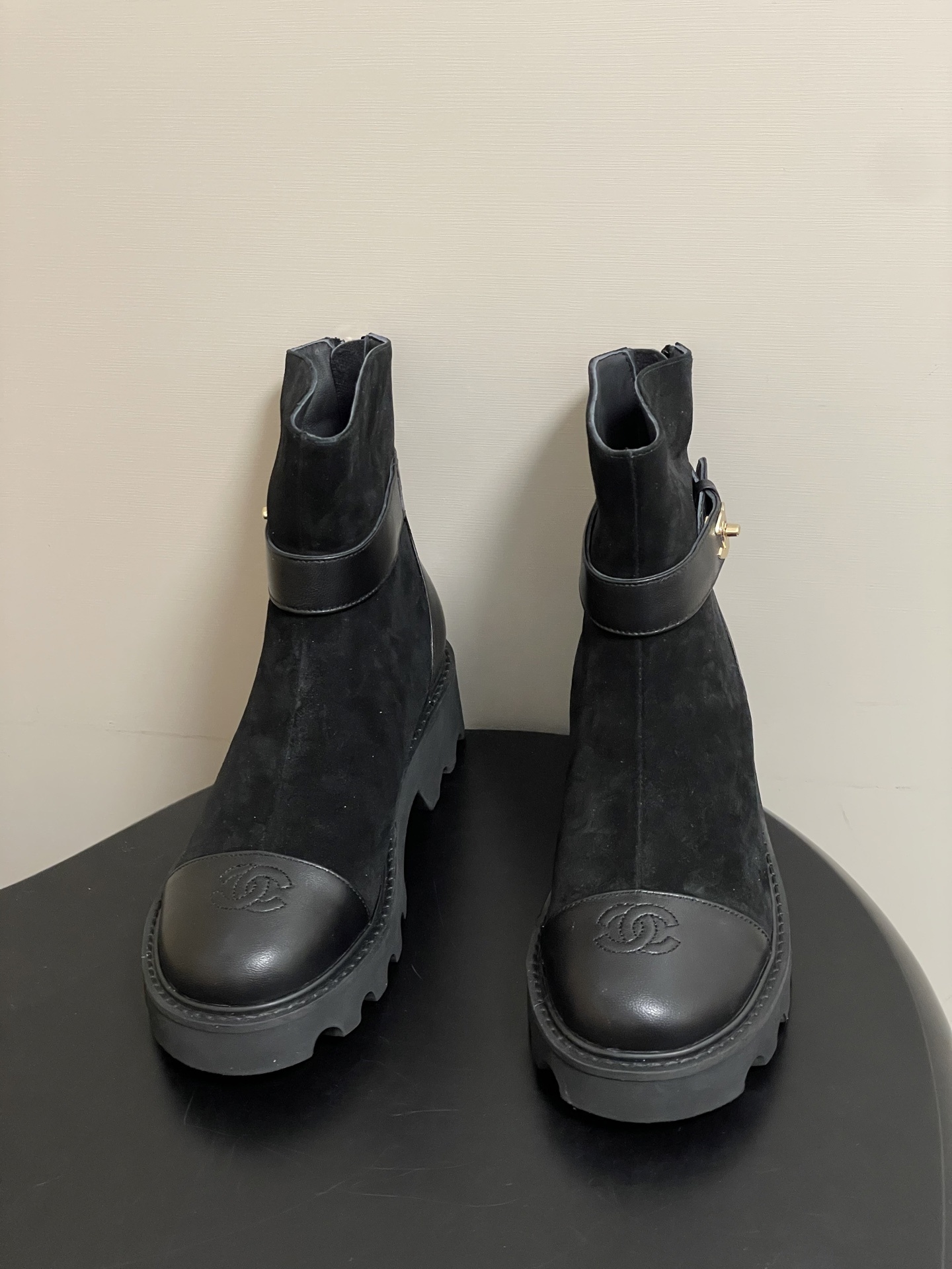 Luxury Black Suede Ankle Boots with Gold CC Logo and Lug Sole