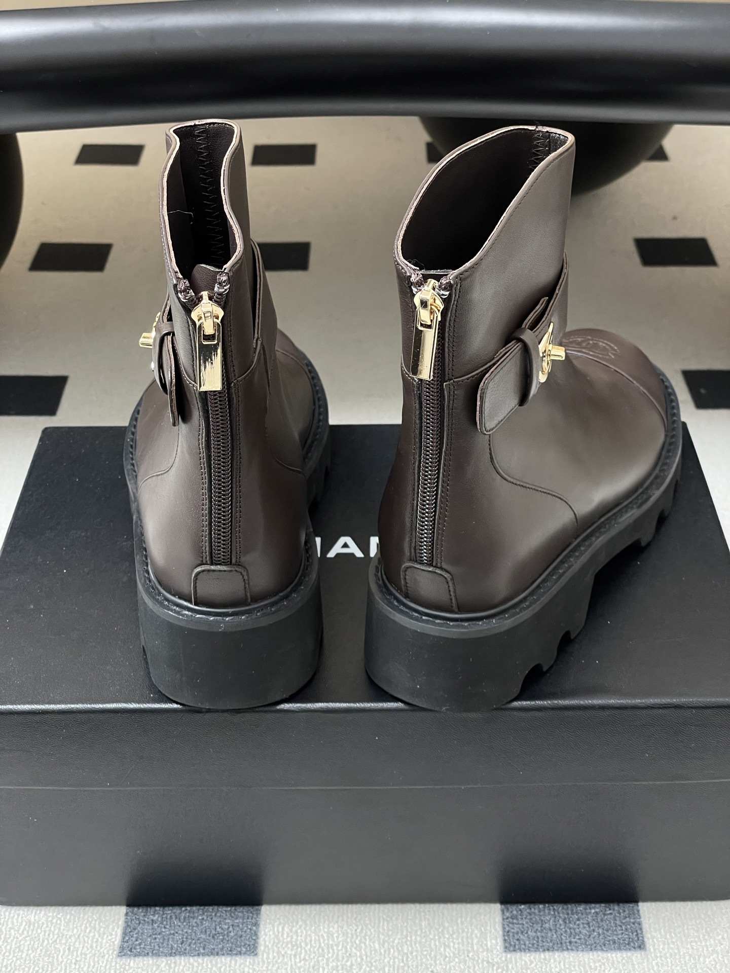 Luxury Brown Leather Platform Ankle Boots with Gold Logo Buckle