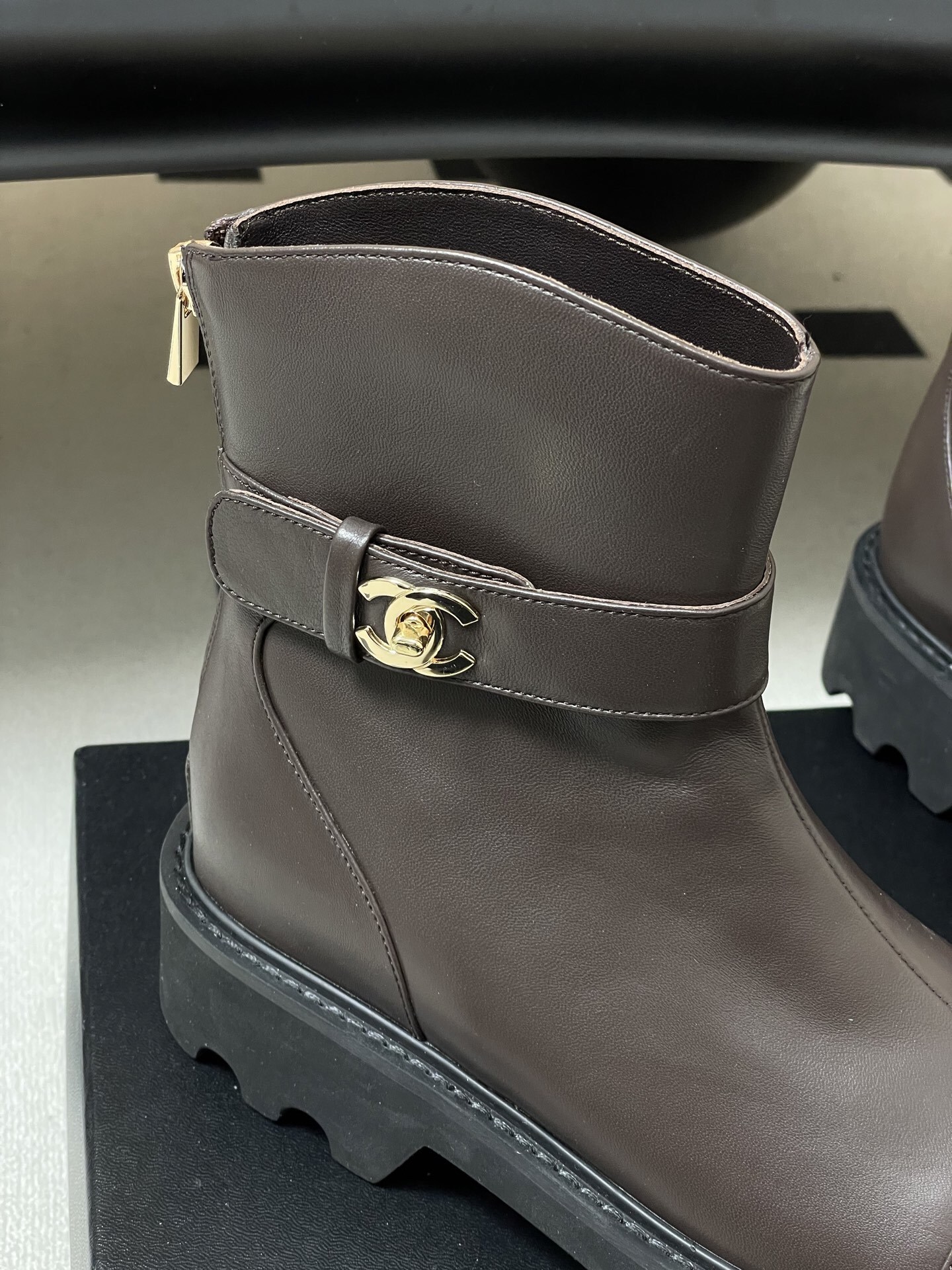 Luxury Brown Leather Platform Ankle Boots with Gold Logo Buckle