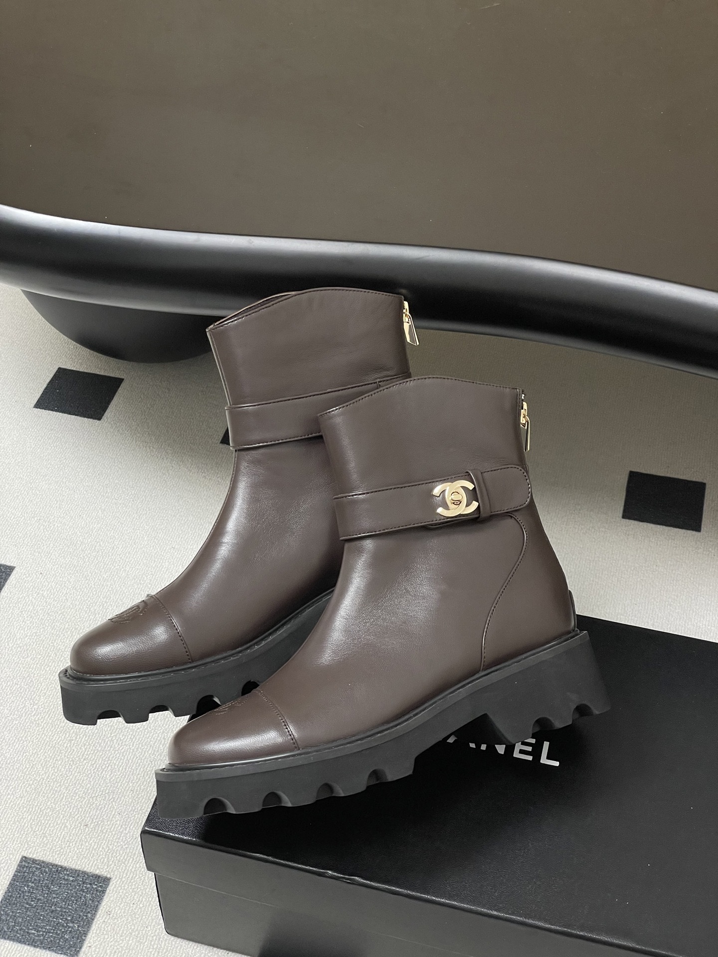 Luxury Brown Leather Platform Ankle Boots with Gold Logo Buckle