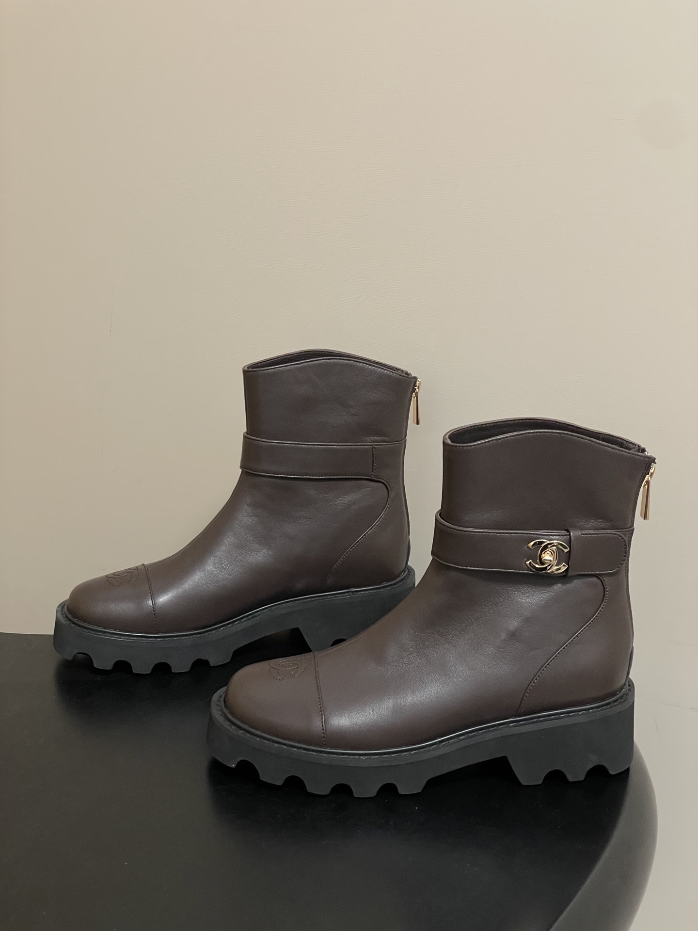 Luxury Brown Leather Platform Ankle Boots with Gold Logo Buckle