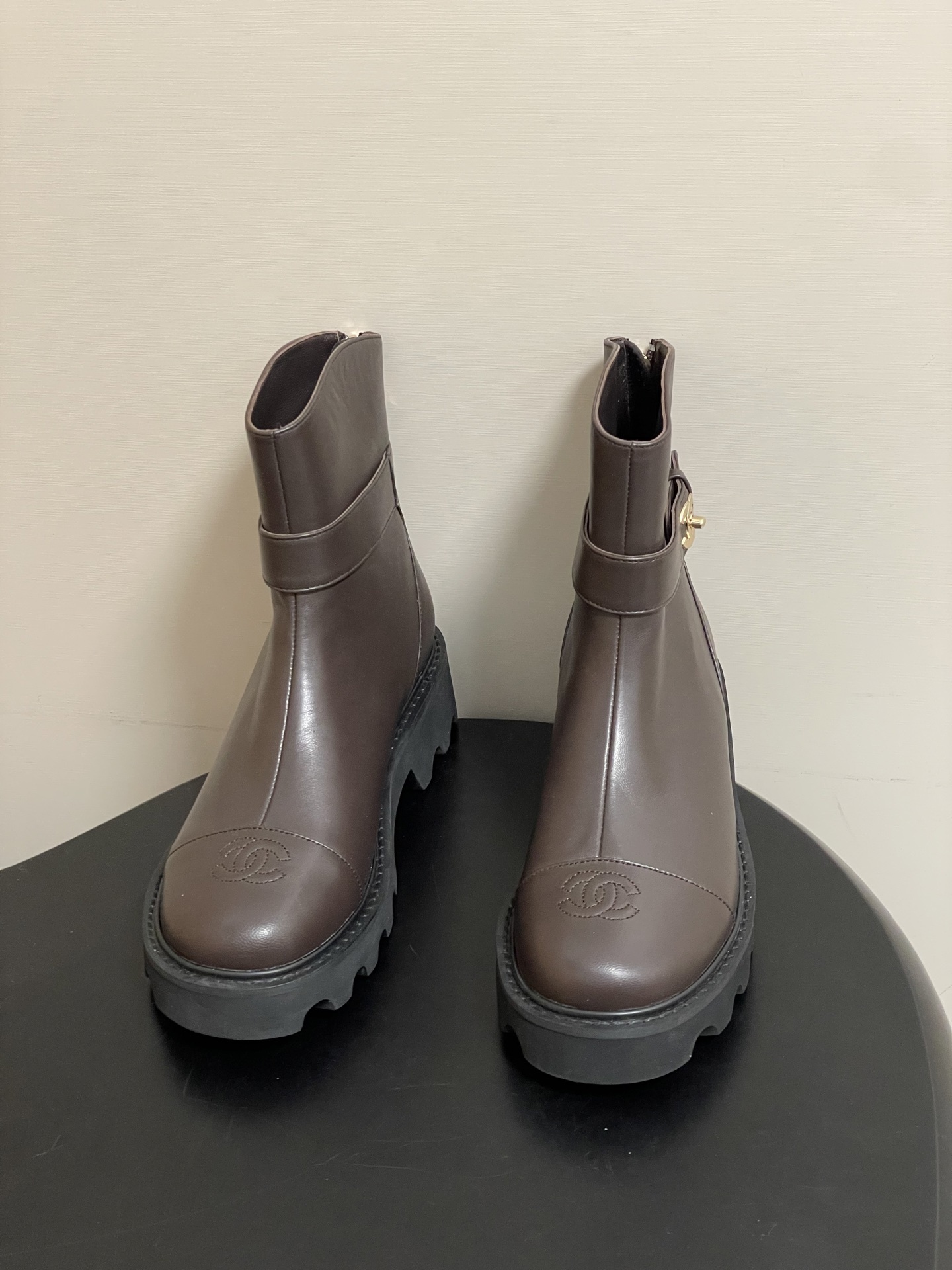 Luxury Brown Leather Platform Ankle Boots with Gold Logo Buckle