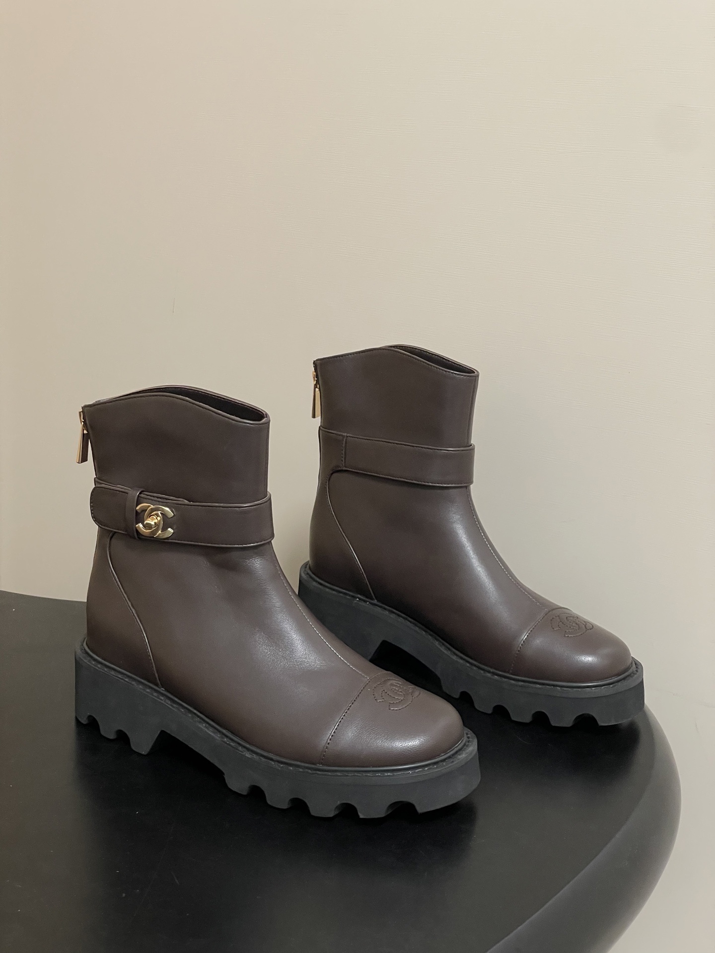 Luxury Brown Leather Platform Ankle Boots with Gold Logo Buckle