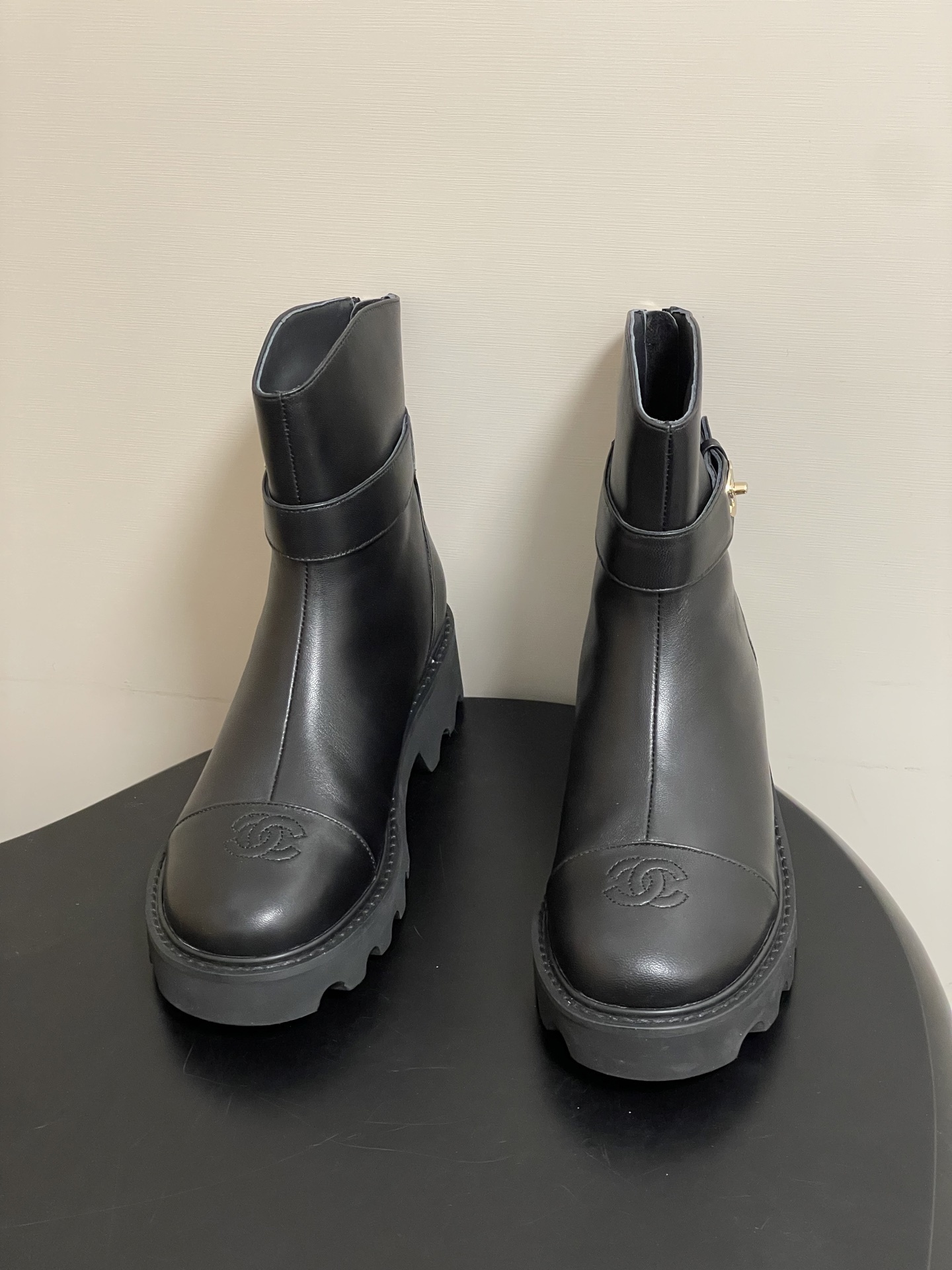 Women's Black Leather Lug Sole Ankle Boots with Gold Hardware