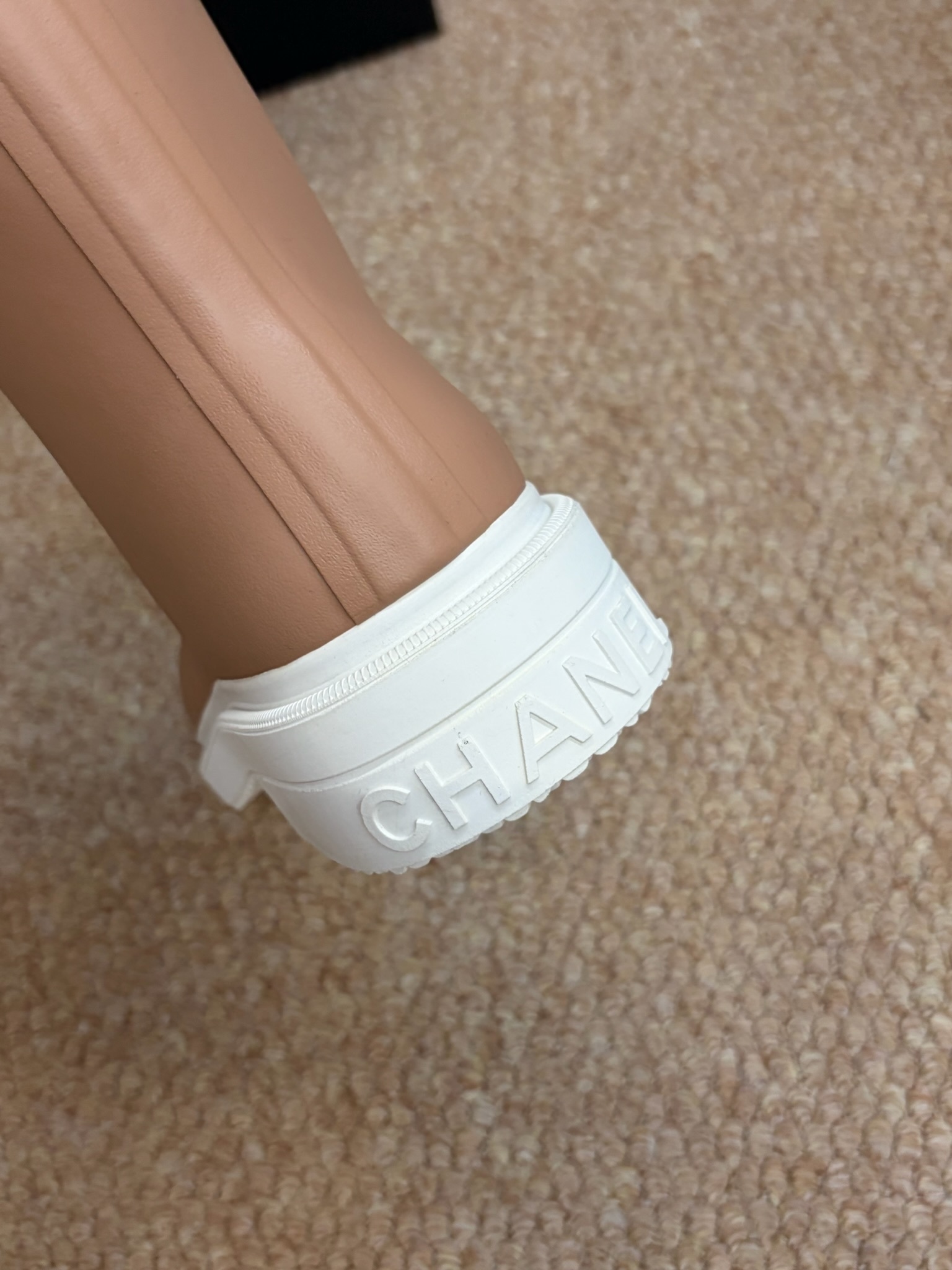 Chanel Beige Rubber Rain Boots with White CC Logo and Toe Cap