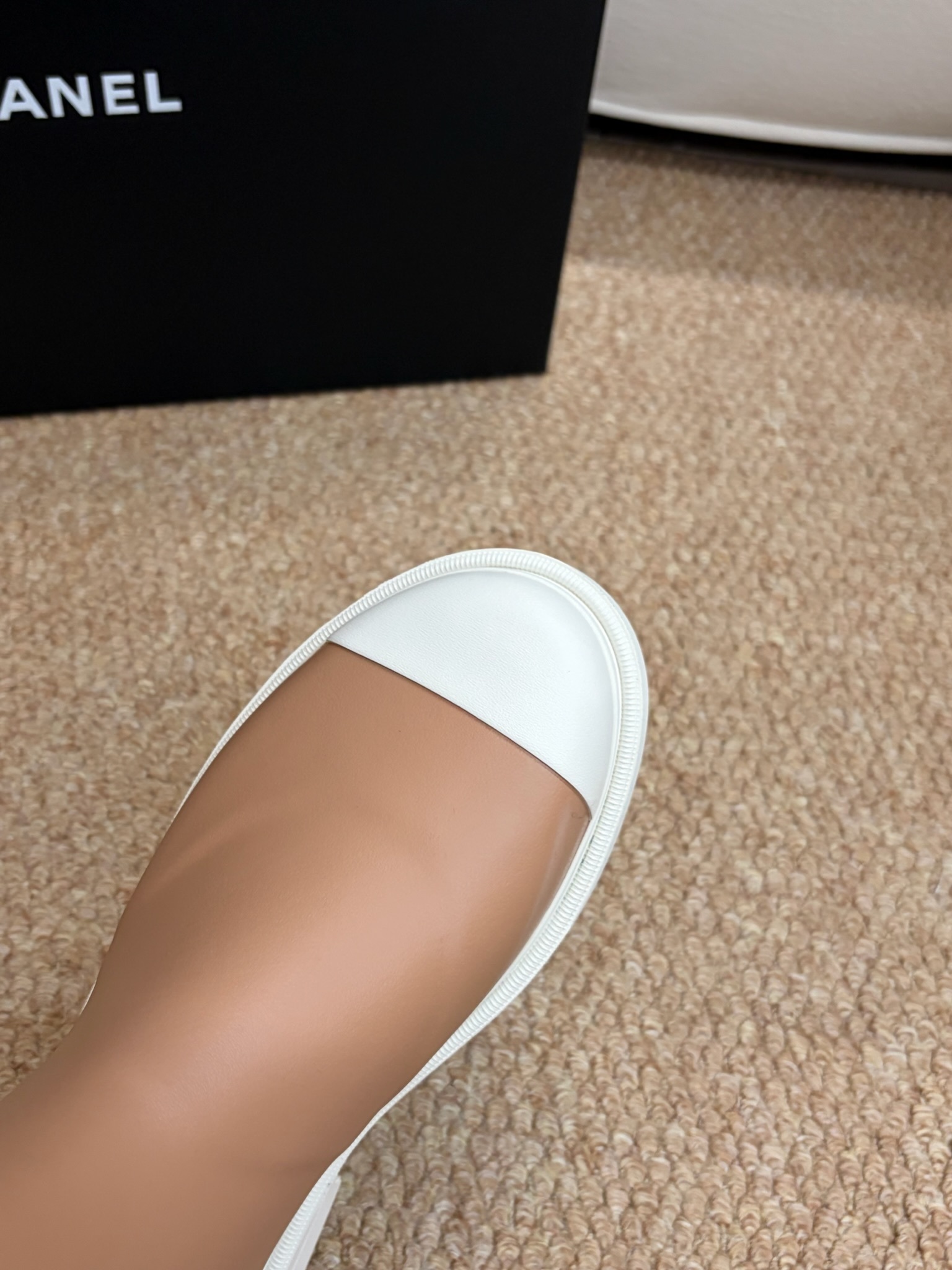 Chanel Beige Rubber Rain Boots with White CC Logo and Toe Cap