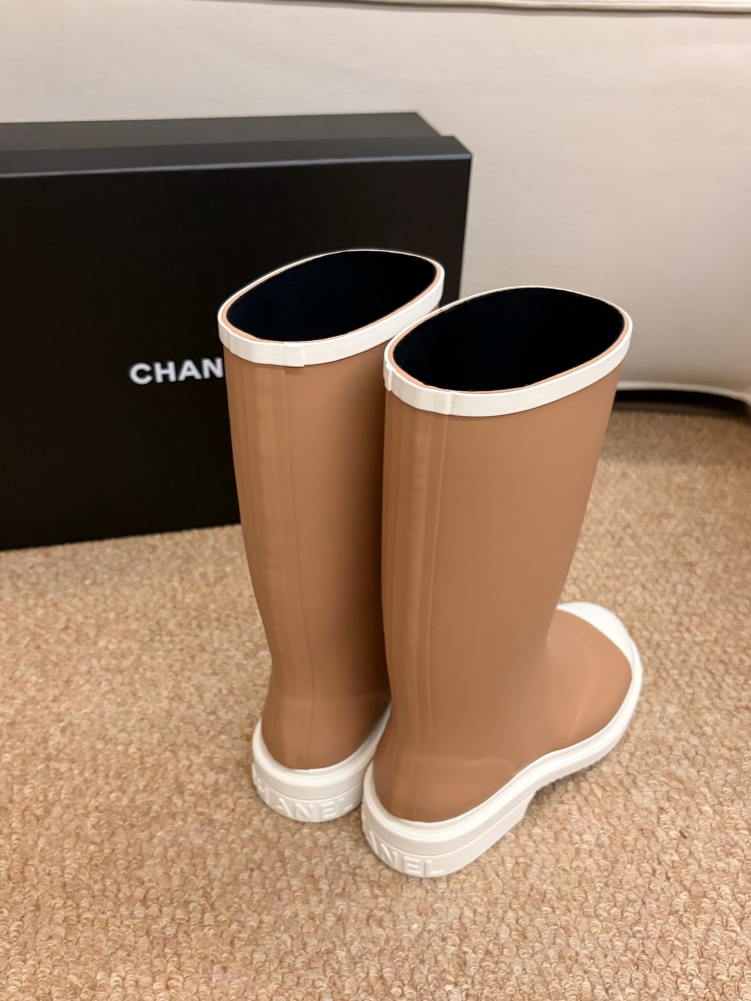 Chanel Beige Rubber Rain Boots with White CC Logo and Toe Cap