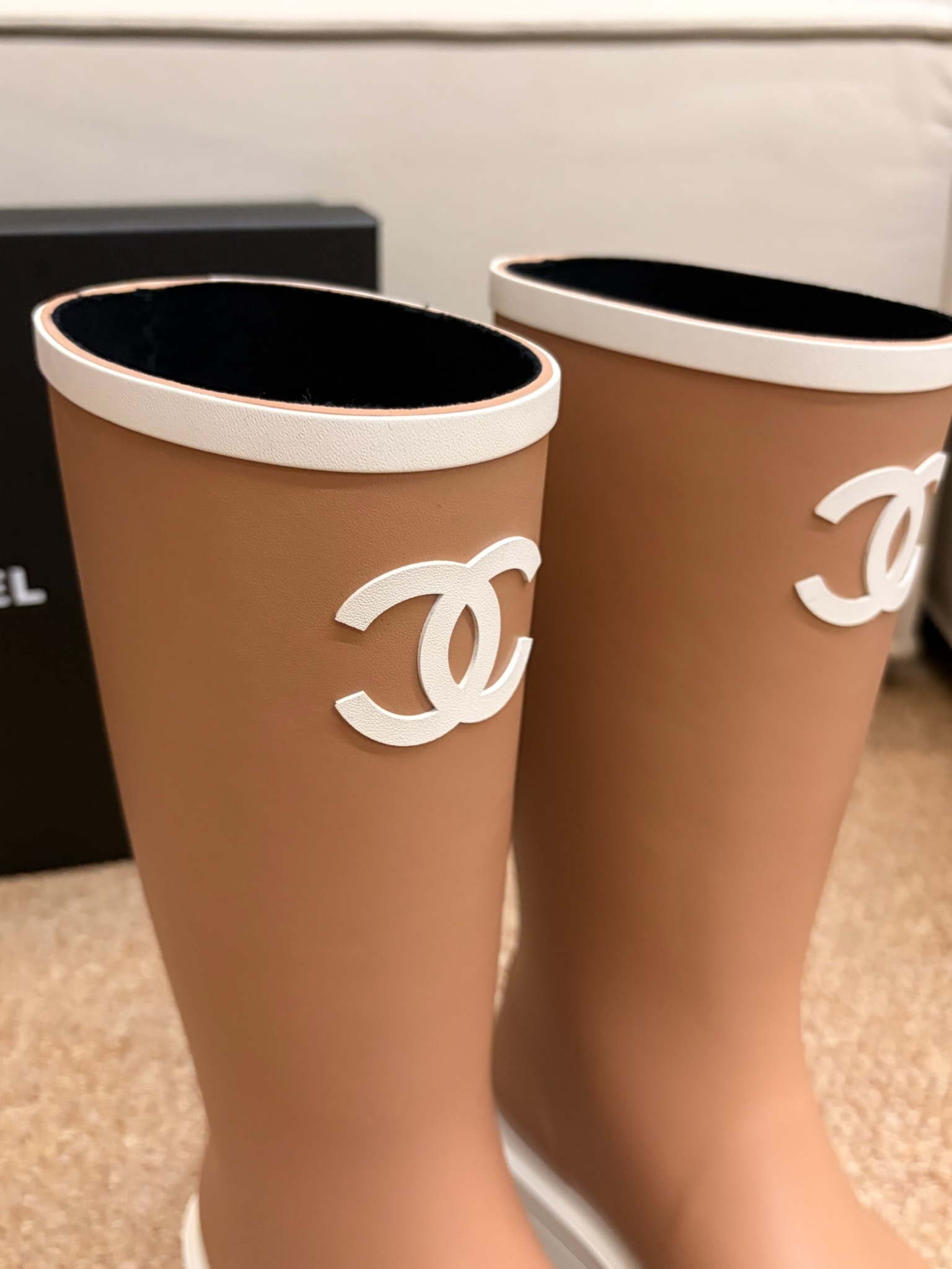 Chanel Beige Rubber Rain Boots with White CC Logo and Toe Cap