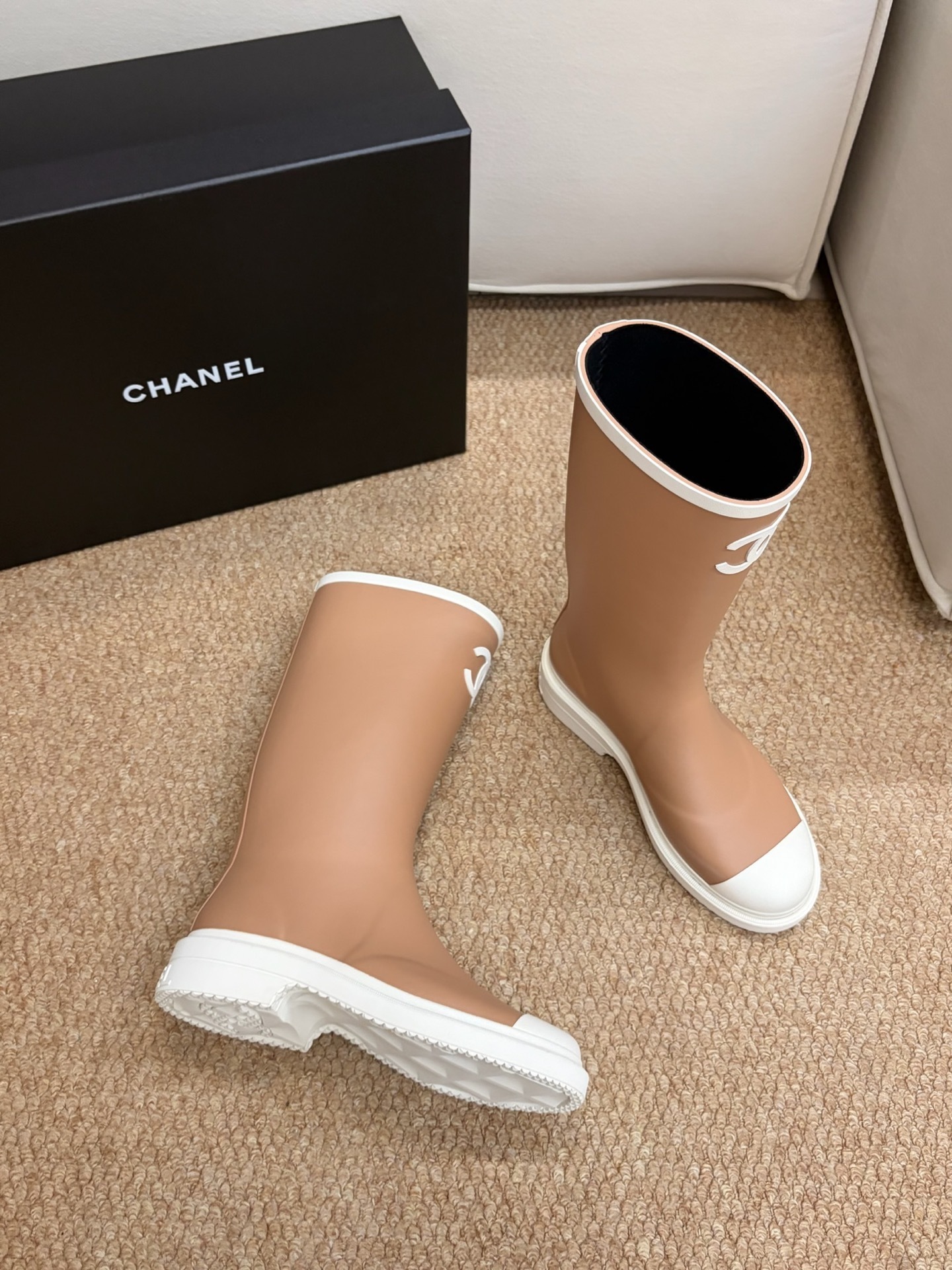Chanel Beige Rubber Rain Boots with White CC Logo and Toe Cap
