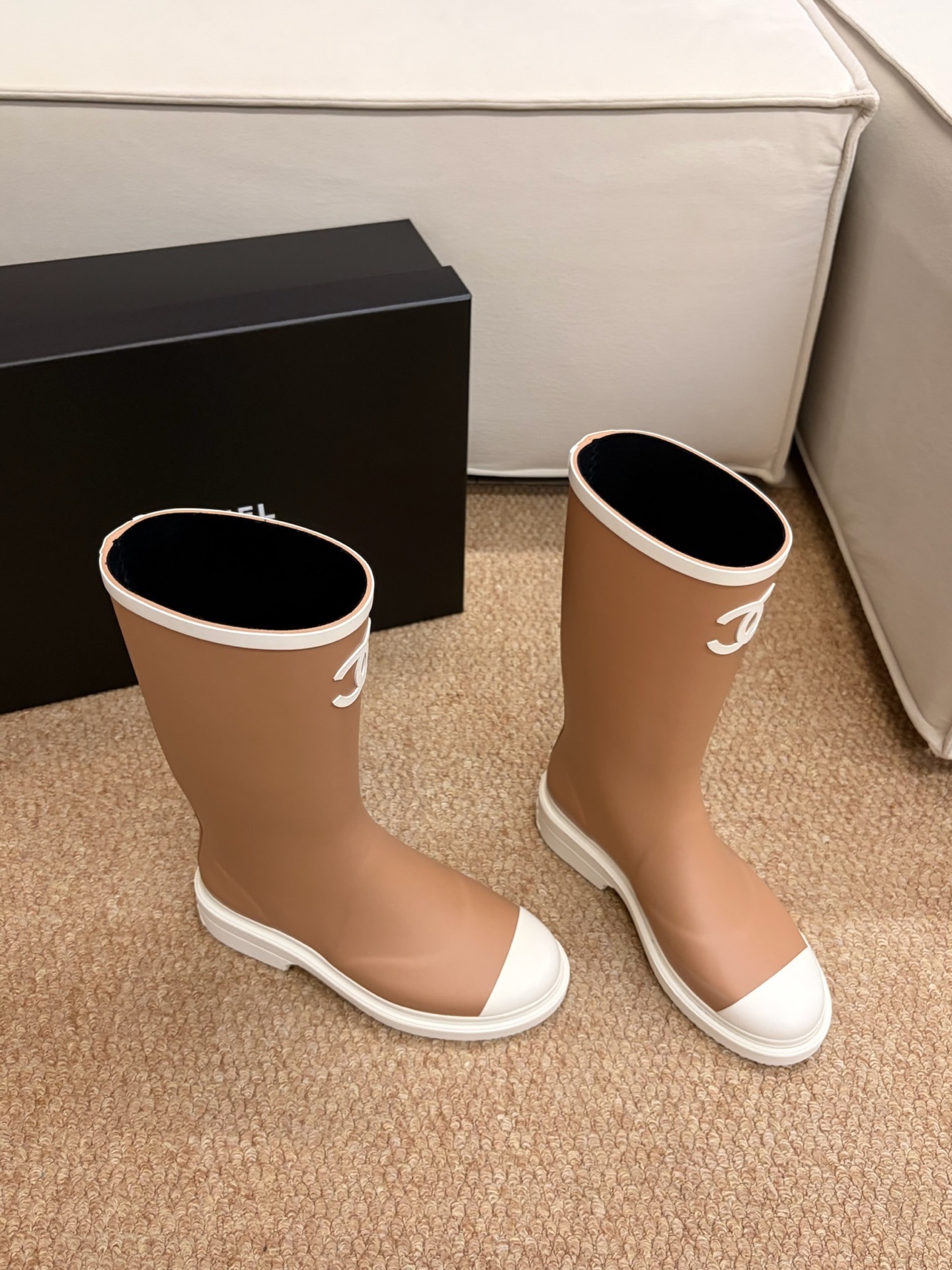 Chanel Beige Rubber Rain Boots with White CC Logo and Toe Cap