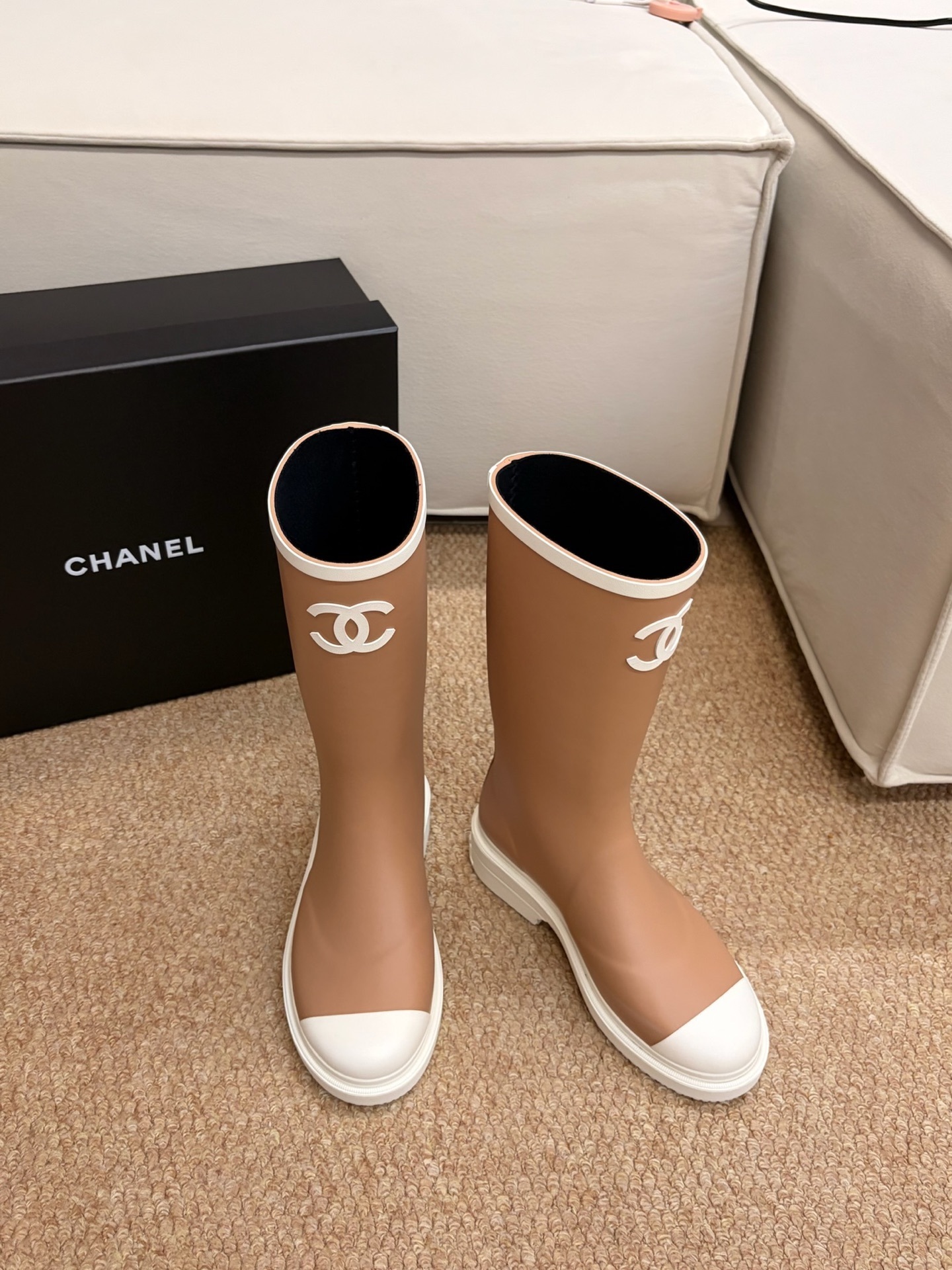 Chanel Beige Rubber Rain Boots with White CC Logo and Toe Cap
