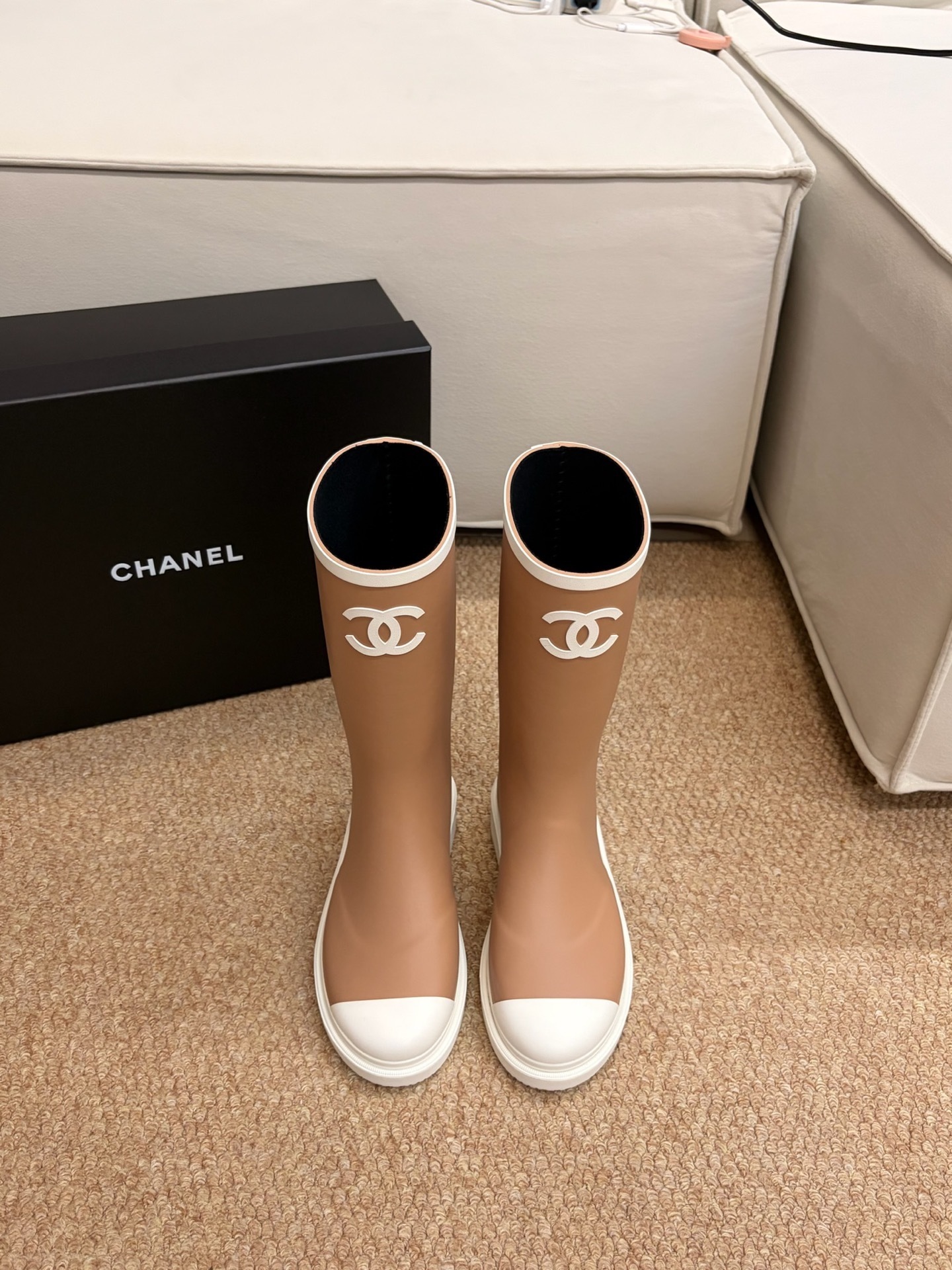 Chanel Beige Rubber Rain Boots with White CC Logo and Toe Cap