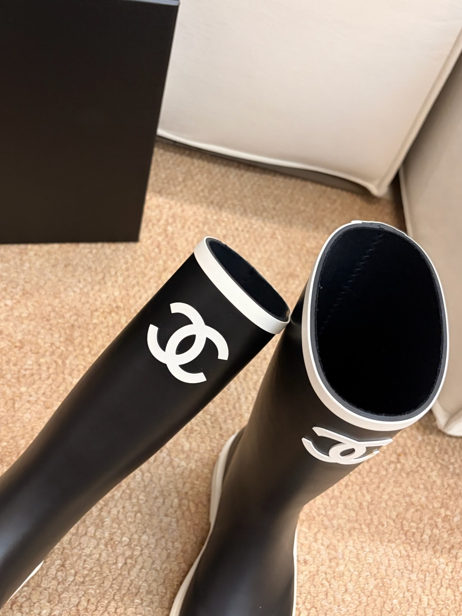 Chanel CC Logo Waterproof Rubber Rain Boots - Black & White