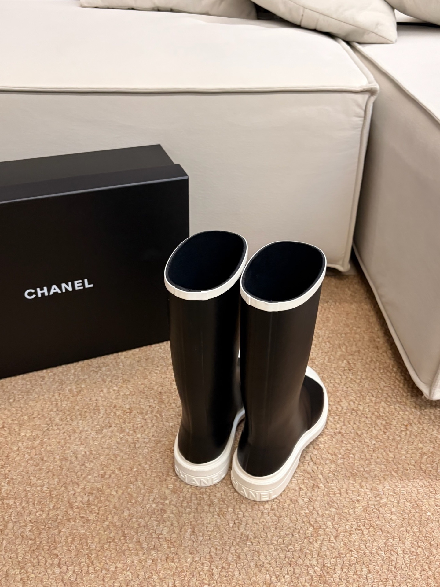Chanel CC Logo Waterproof Rubber Rain Boots - Black & White