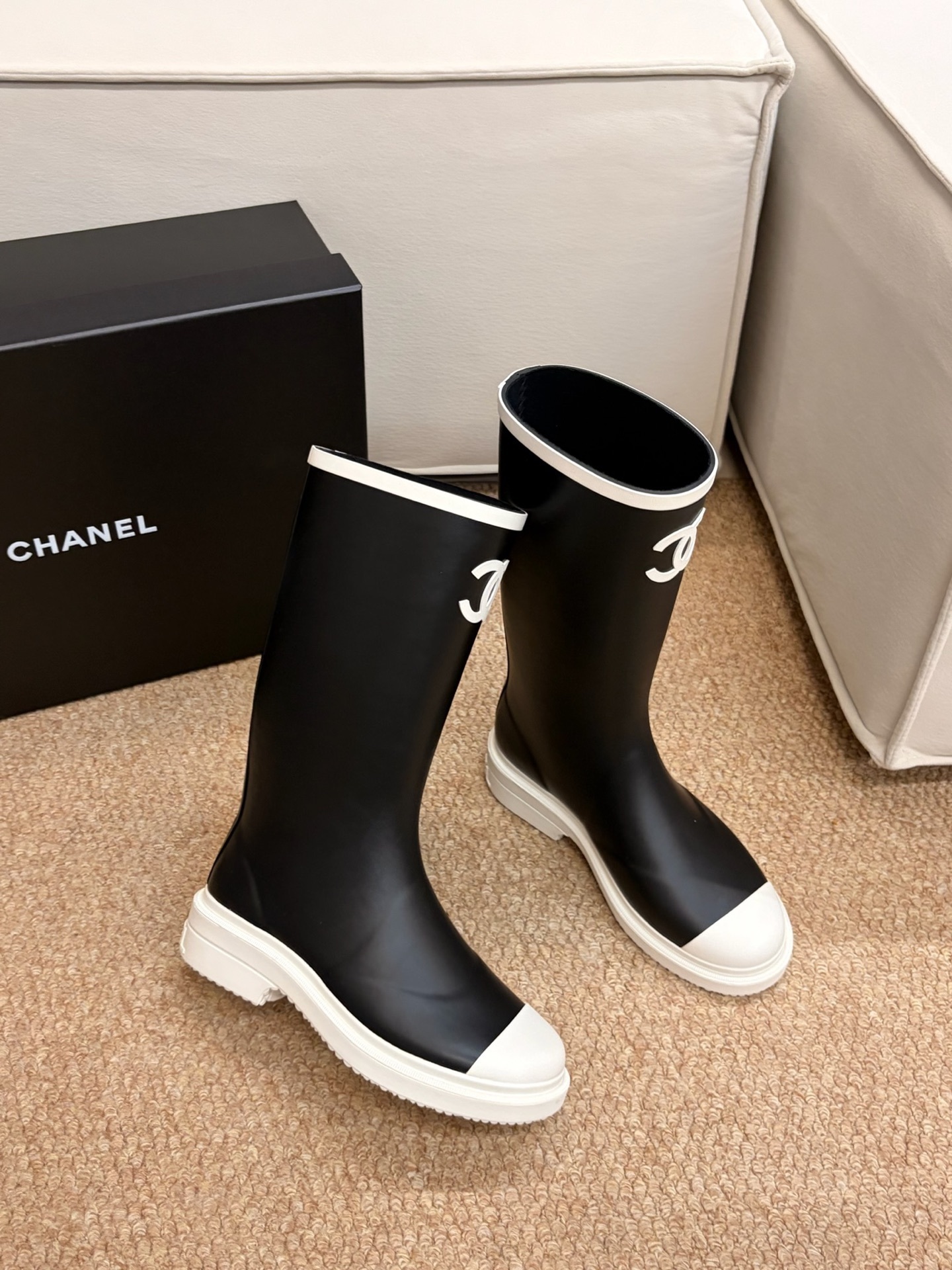 Chanel CC Logo Waterproof Rubber Rain Boots - Black & White