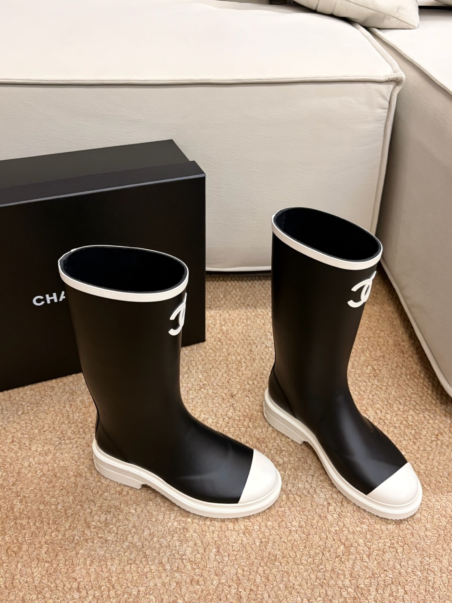 Chanel CC Logo Waterproof Rubber Rain Boots - Black & White