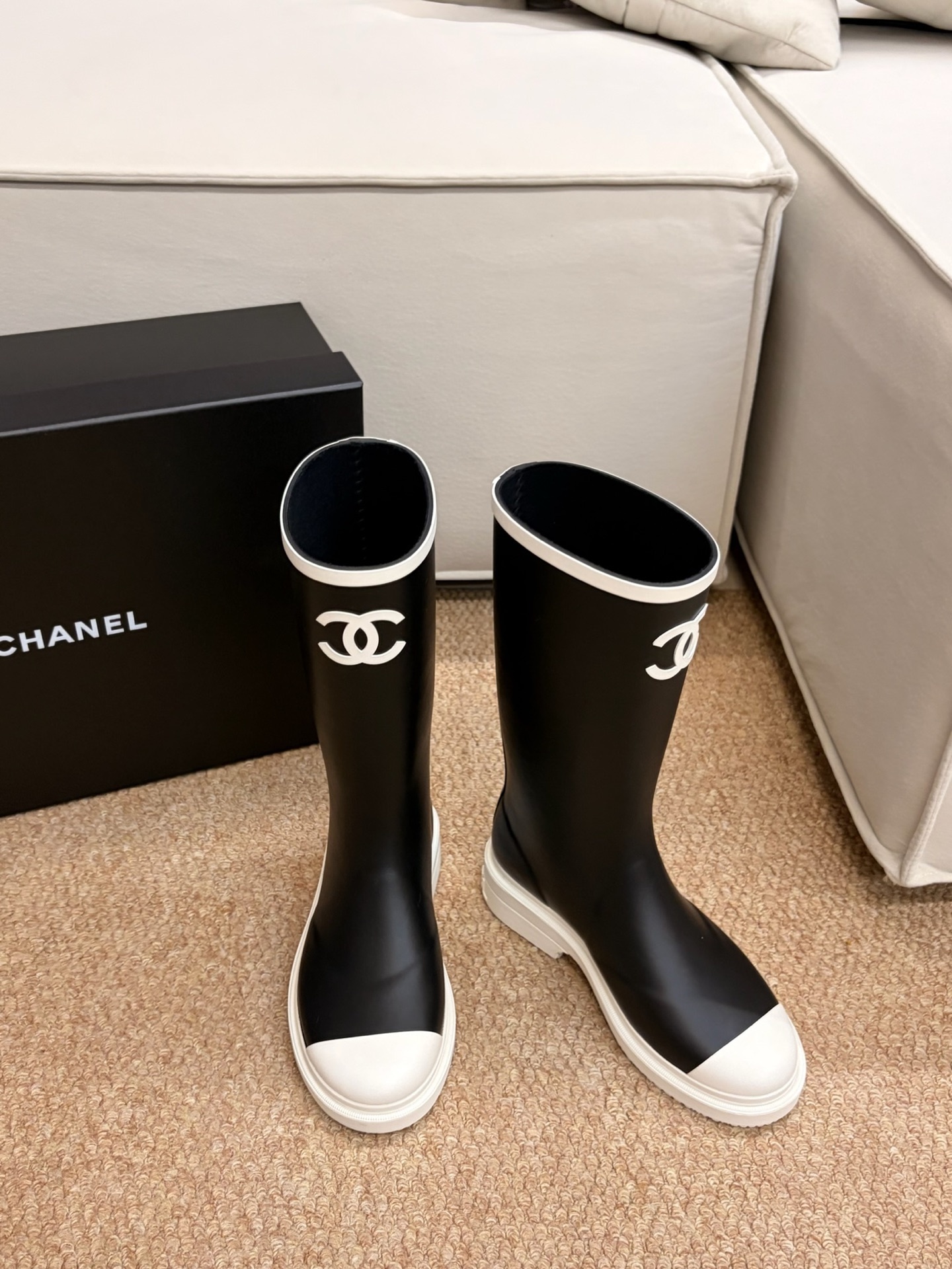 Chanel CC Logo Waterproof Rubber Rain Boots - Black & White