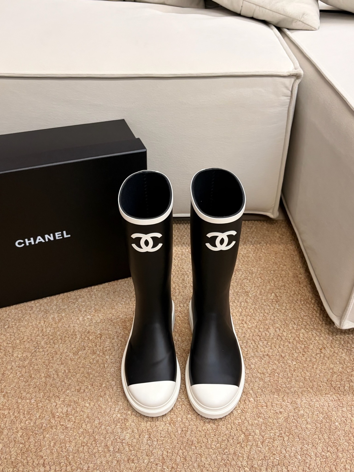 Chanel CC Logo Waterproof Rubber Rain Boots – Black & White