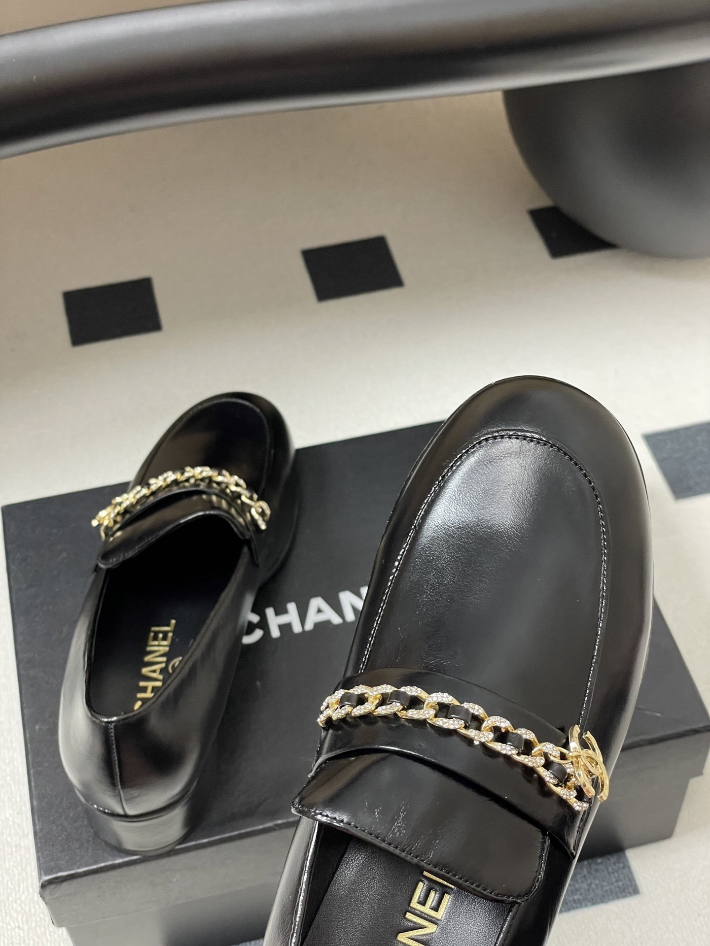 Women's Luxury Black Leather Loafers with Crystal Gold Chain Detail