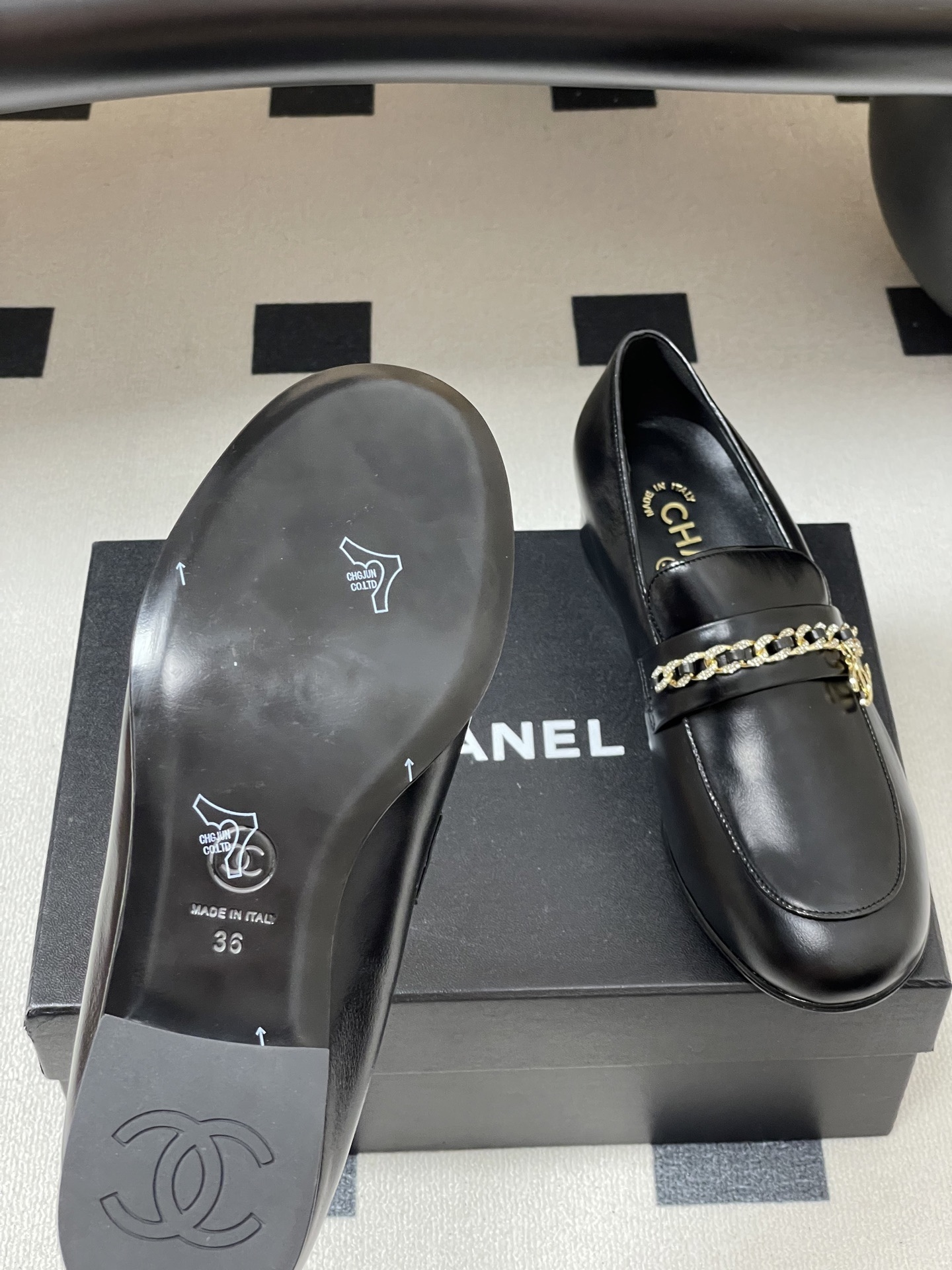 Women's Luxury Black Leather Loafers with Crystal Gold Chain Detail
