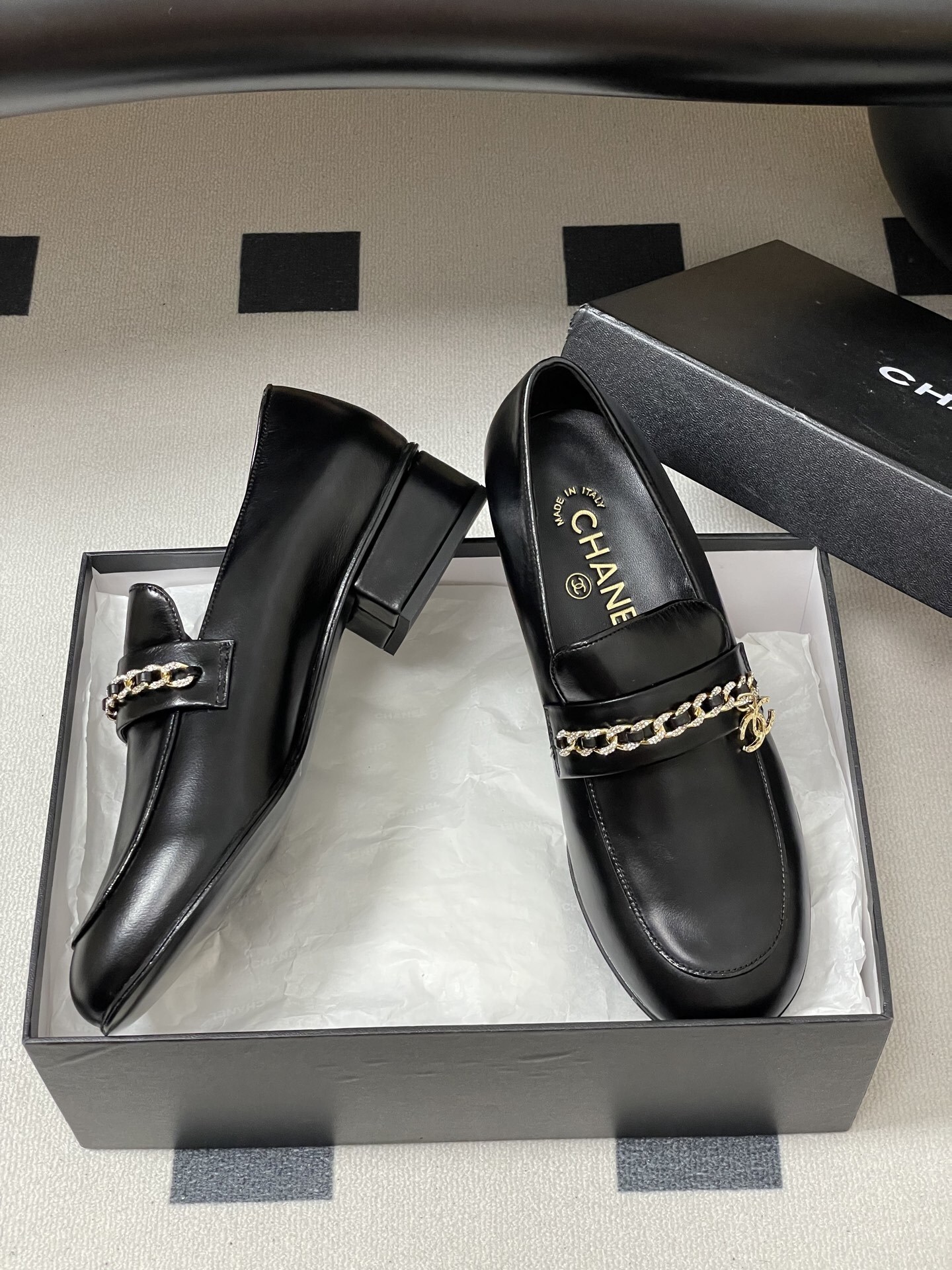Women's Luxury Black Leather Loafers with Crystal Gold Chain Detail