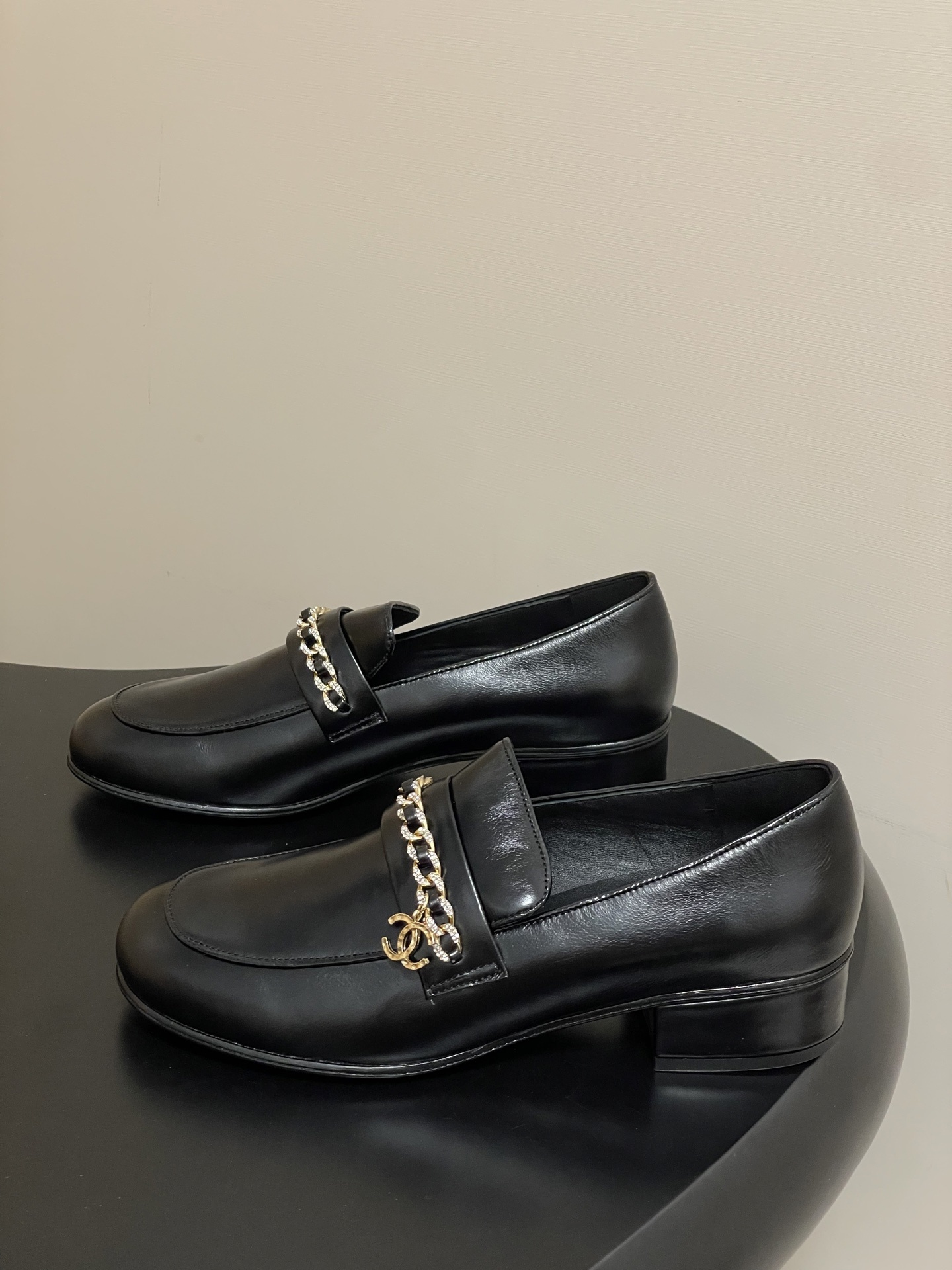 Women's Luxury Black Leather Loafers with Crystal Gold Chain Detail