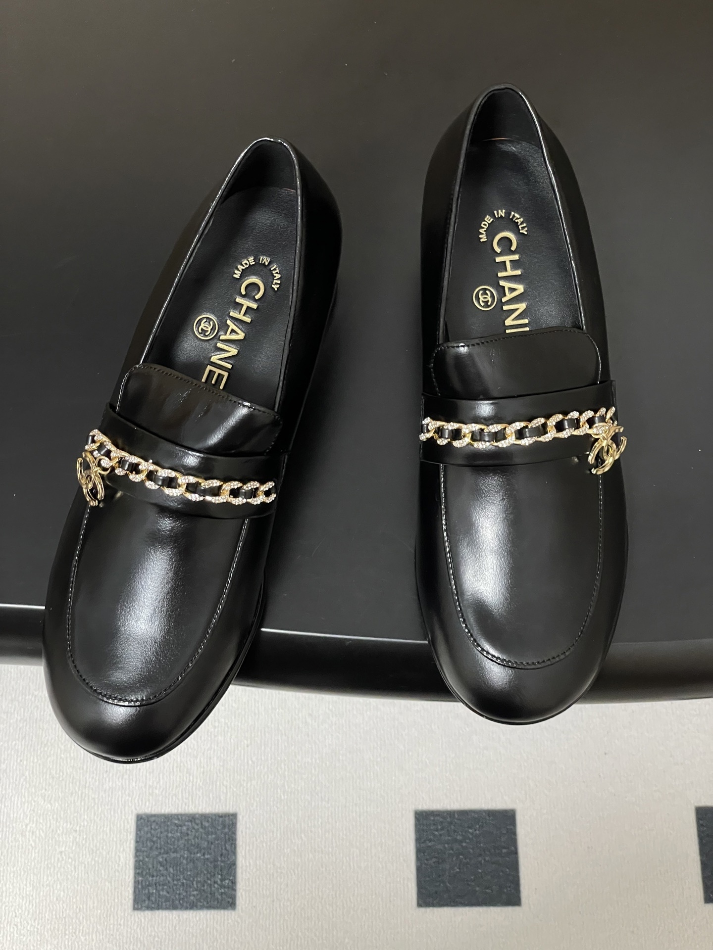 Women's Luxury Black Leather Loafers with Crystal Gold Chain Detail