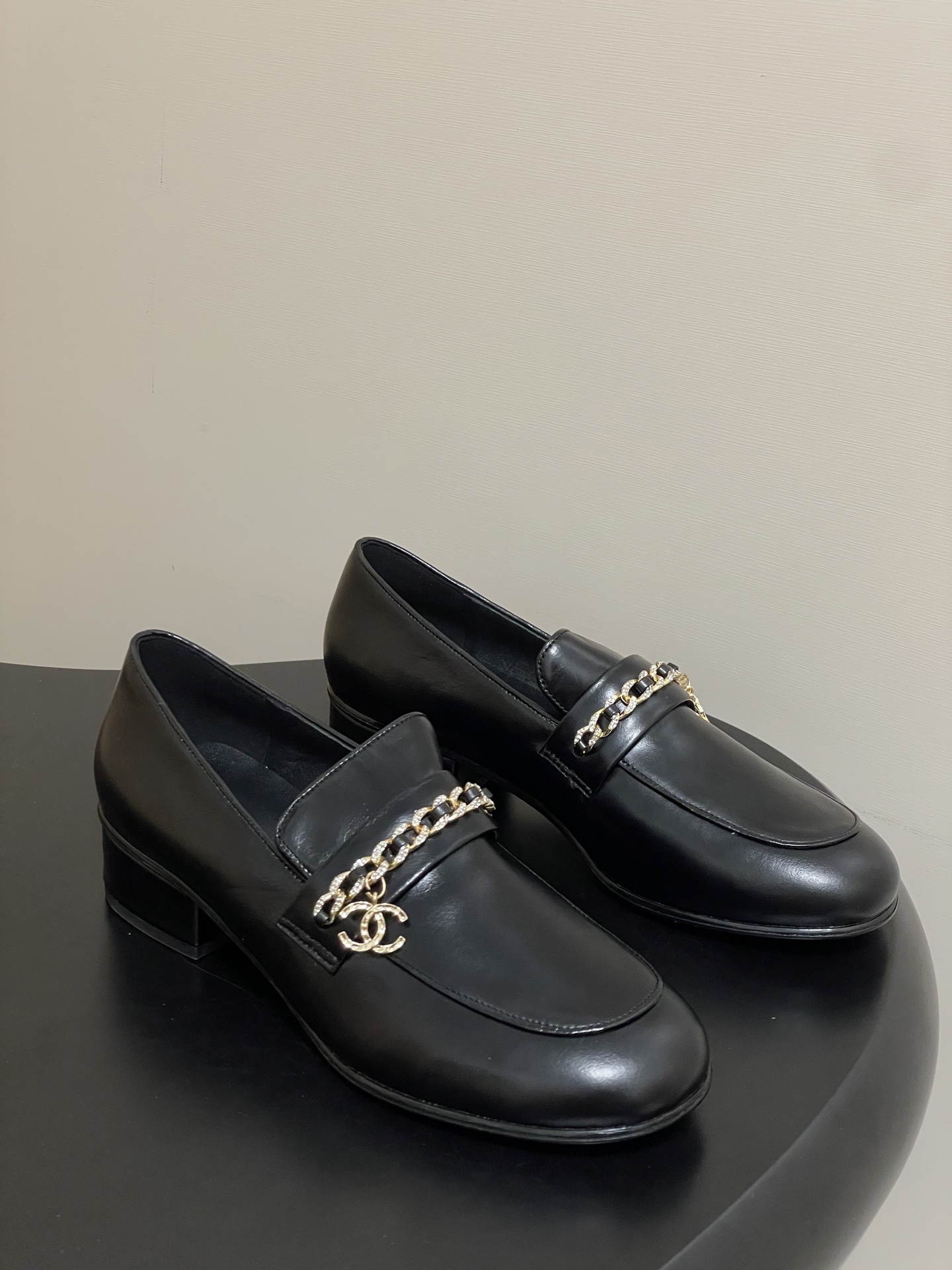 Women’s Luxury Black Leather Loafers with Crystal Gold Chain Detail