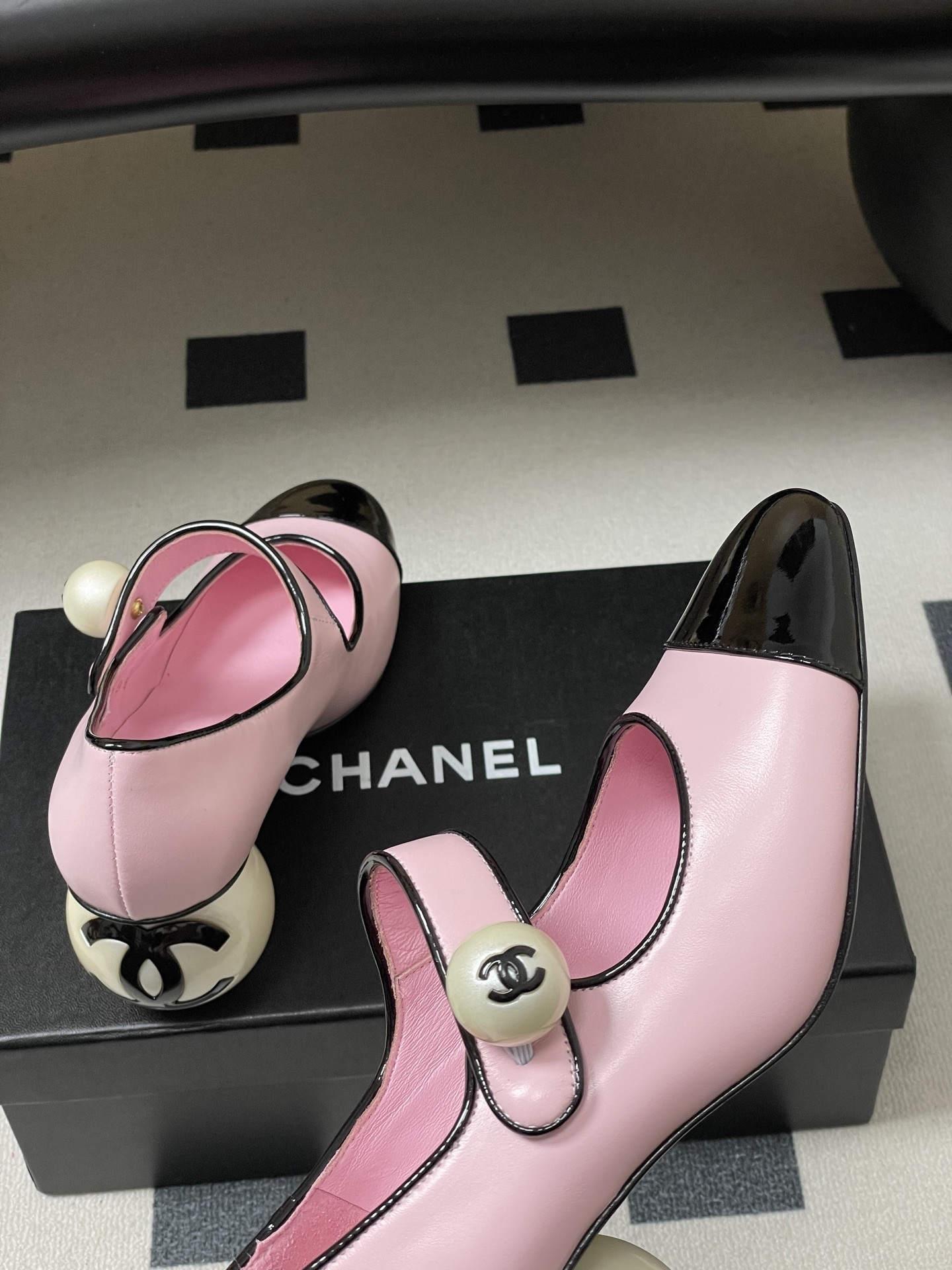 Chanel Pink Leather Mary Jane Pumps with Iconic Pearl Heel