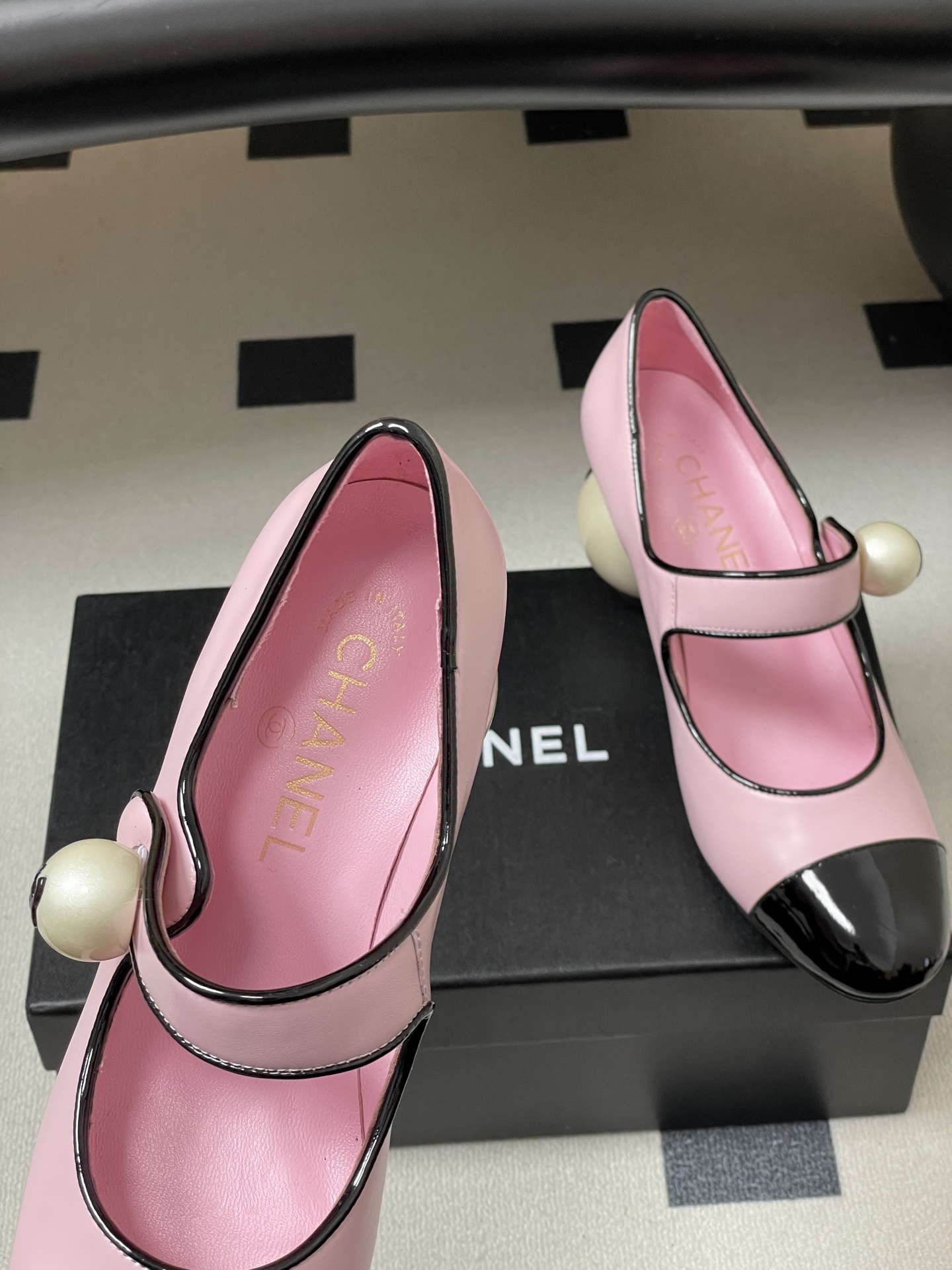 Chanel Pink Leather Mary Jane Pumps with Iconic Pearl Heel
