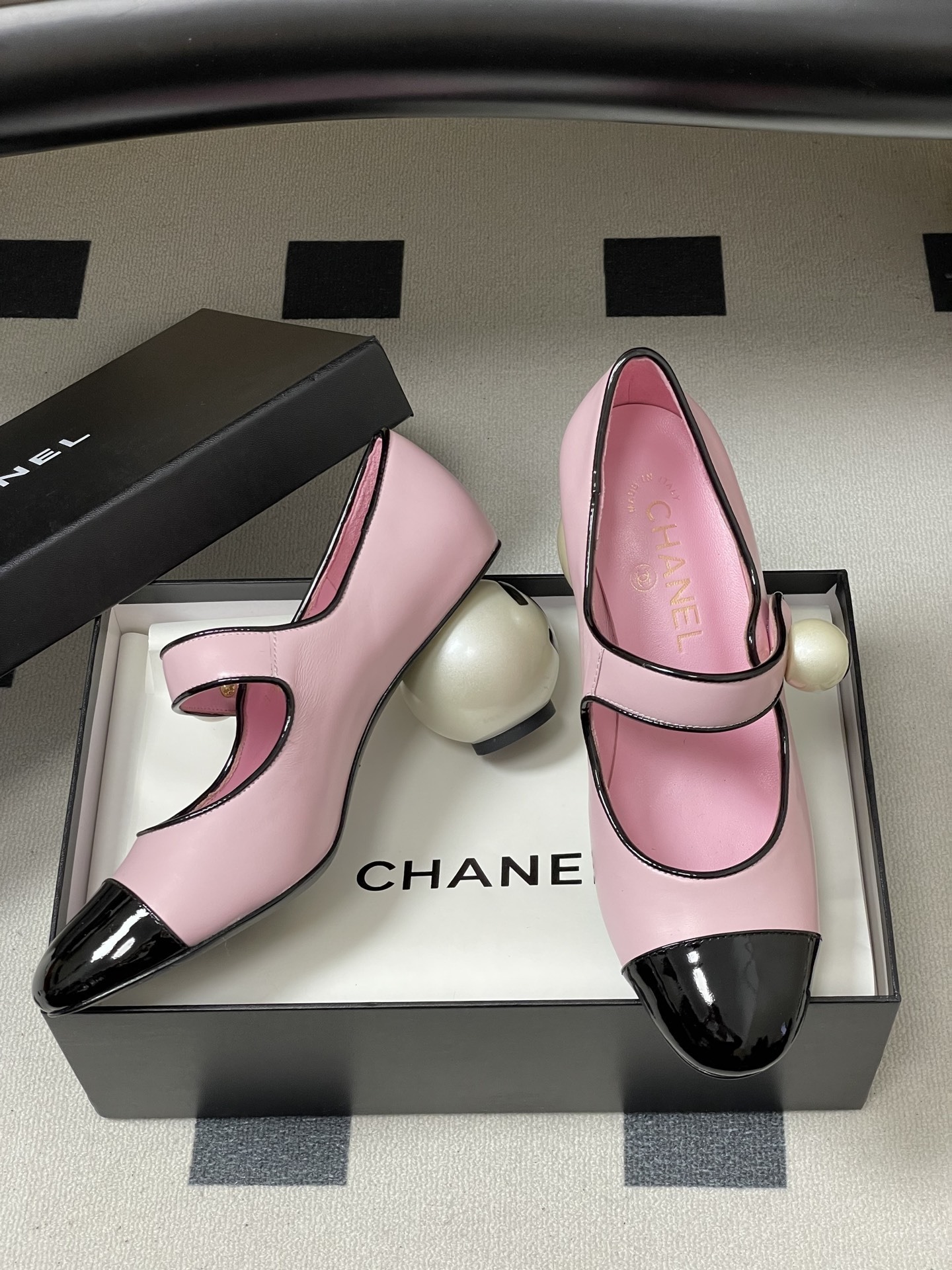 Chanel Pink Leather Mary Jane Pumps with Iconic Pearl Heel