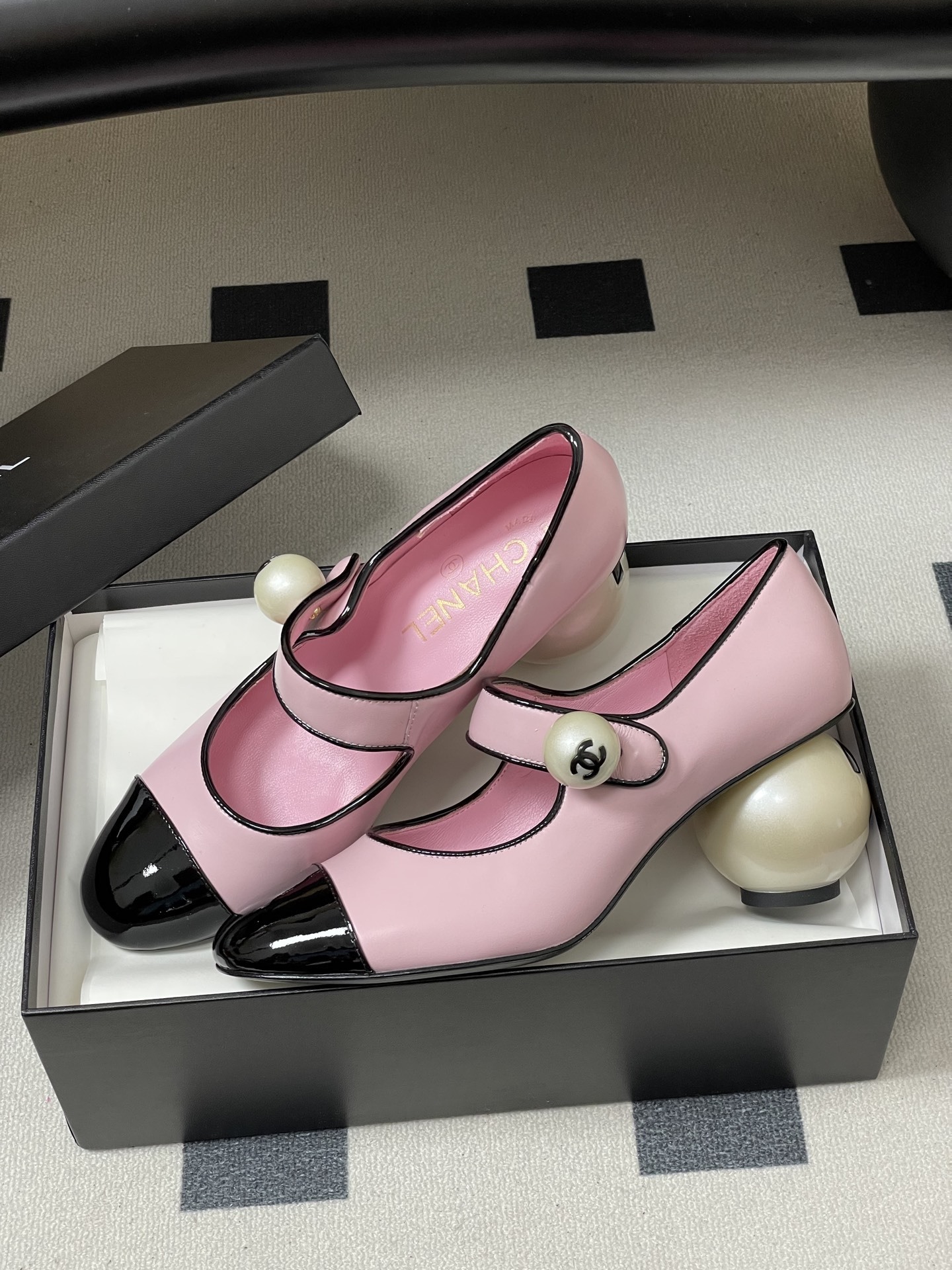 Chanel Pink Leather Mary Jane Pumps with Iconic Pearl Heel