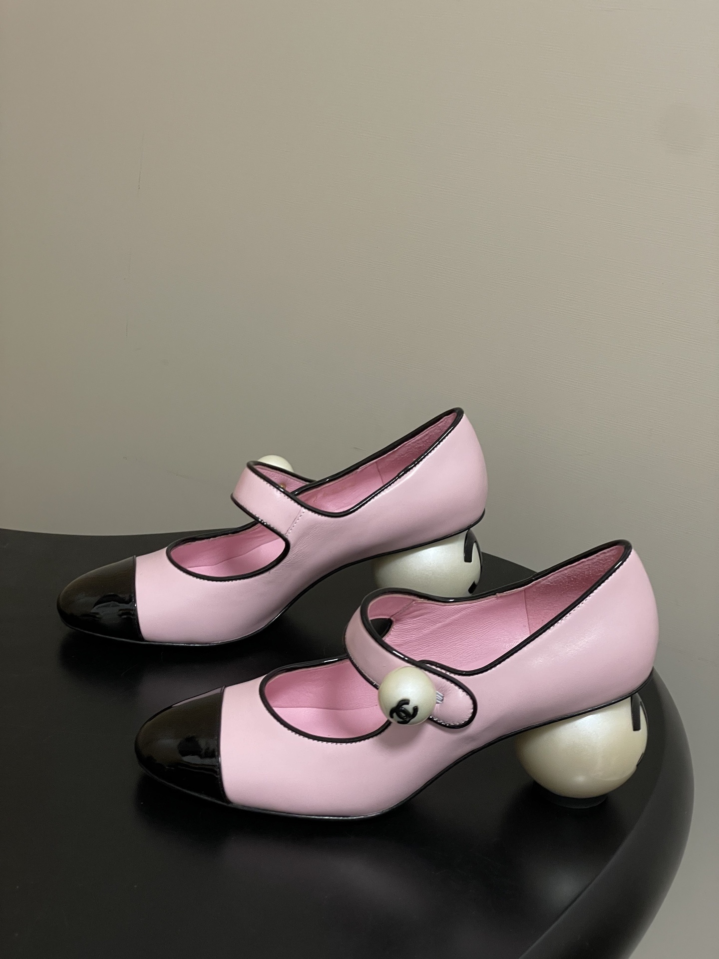 Chanel Pink Leather Mary Jane Pumps with Iconic Pearl Heel