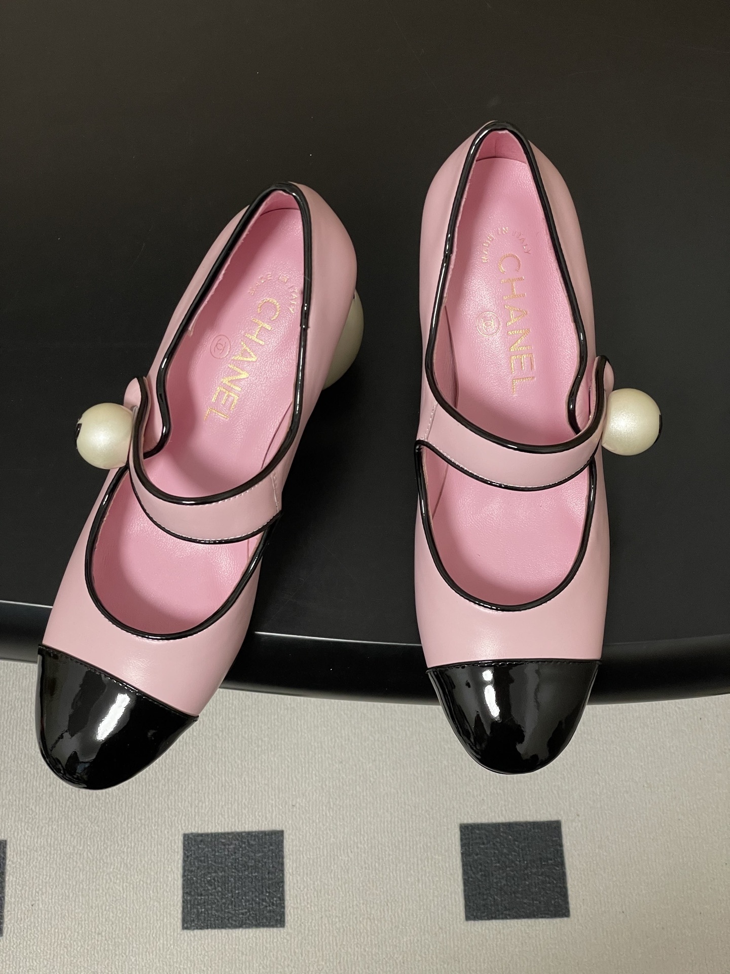 Chanel Pink Leather Mary Jane Pumps with Iconic Pearl Heel