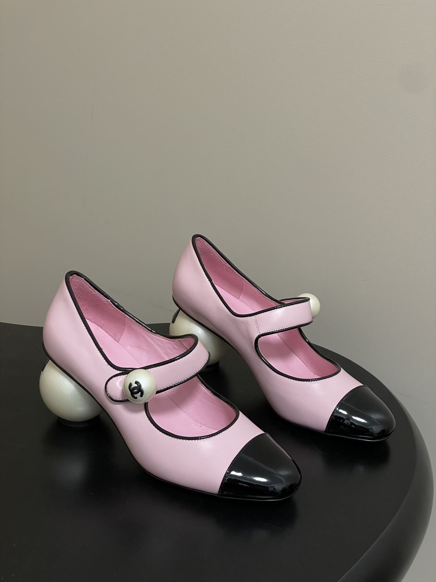 Chanel Pink Leather Mary Jane Pumps with Iconic Pearl Heel