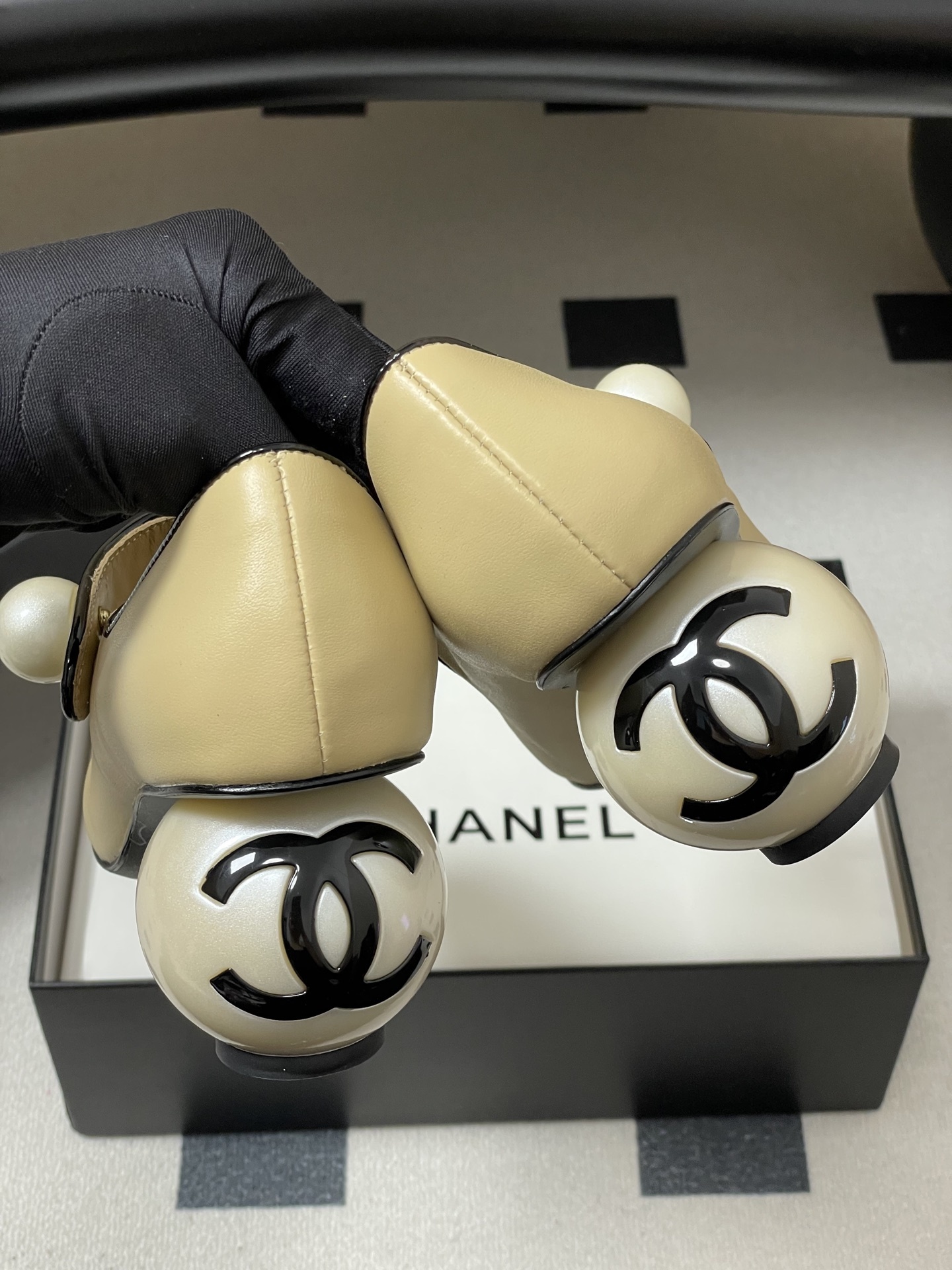 Chanel Pearl Heel Mary Janes - Beige & Black Patent Leather