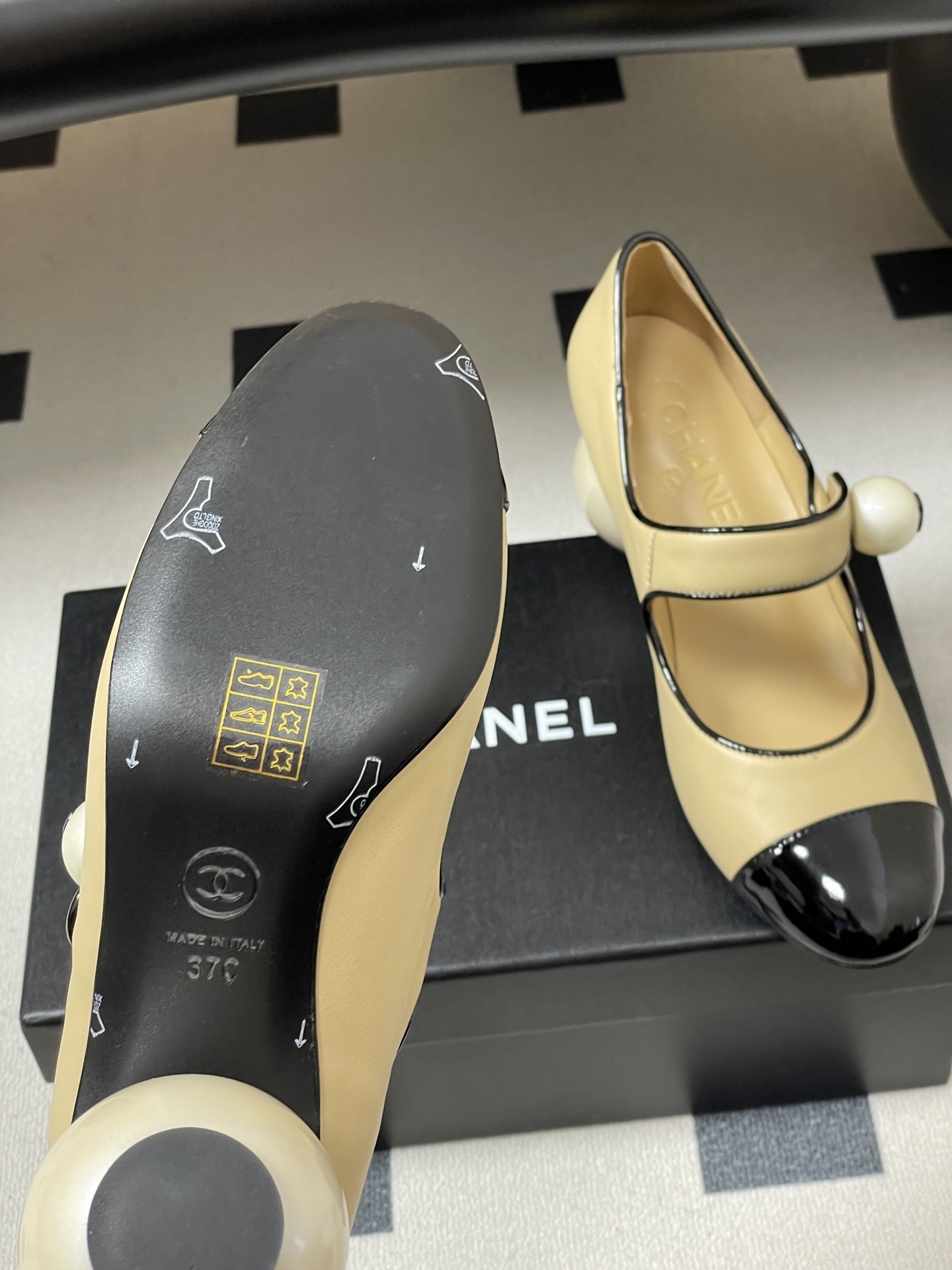 Chanel Pearl Heel Mary Janes - Beige & Black Patent Leather