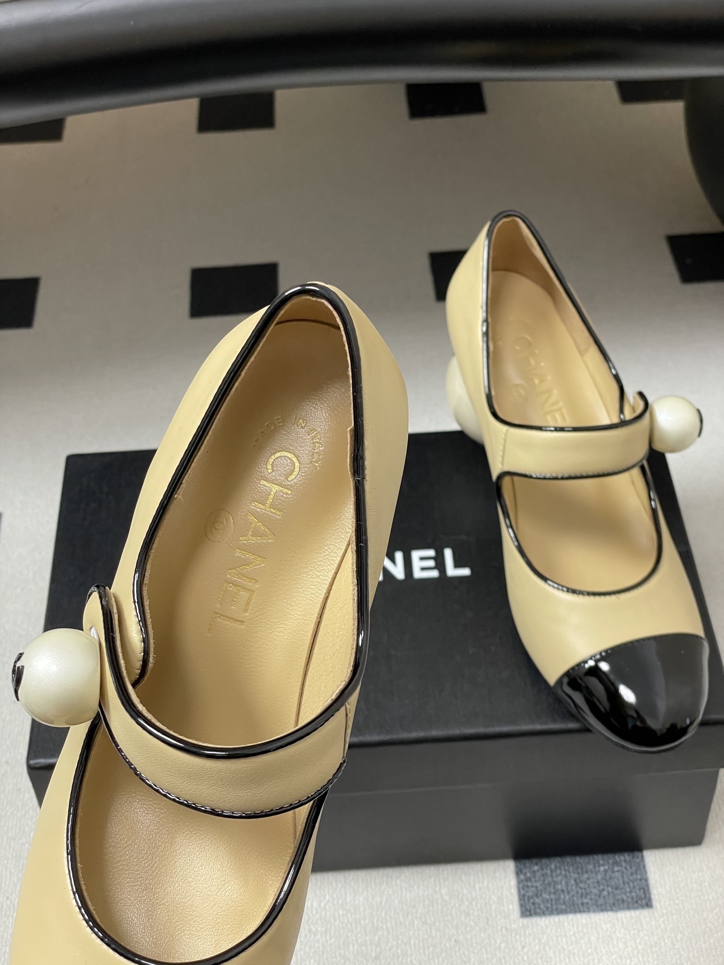Chanel Pearl Heel Mary Janes - Beige & Black Patent Leather
