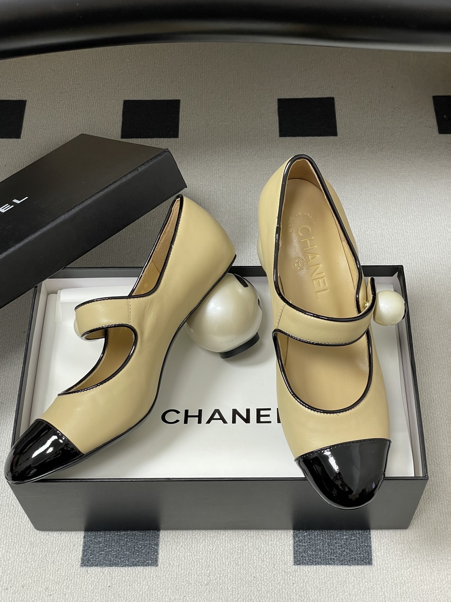Chanel Pearl Heel Mary Janes - Beige & Black Patent Leather