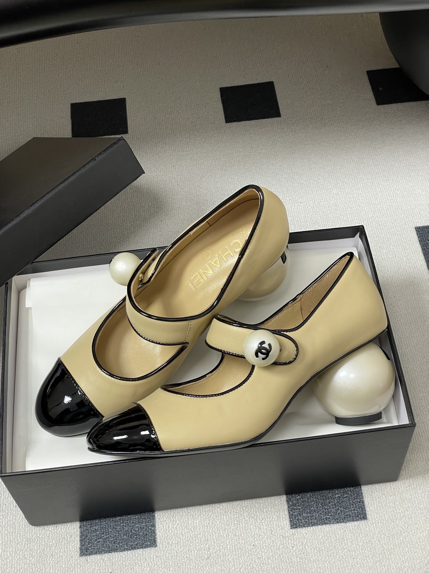 Chanel Pearl Heel Mary Janes - Beige & Black Patent Leather