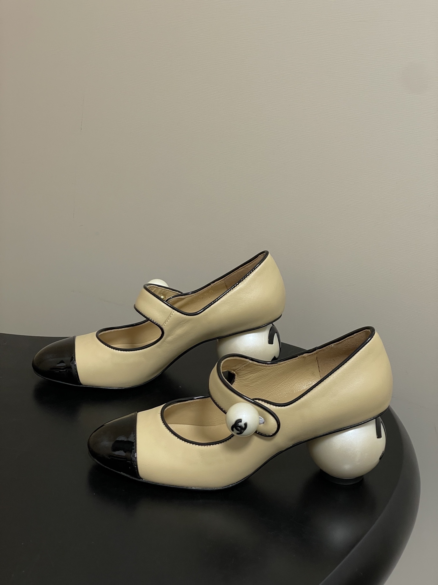 Chanel Pearl Heel Mary Janes - Beige & Black Patent Leather