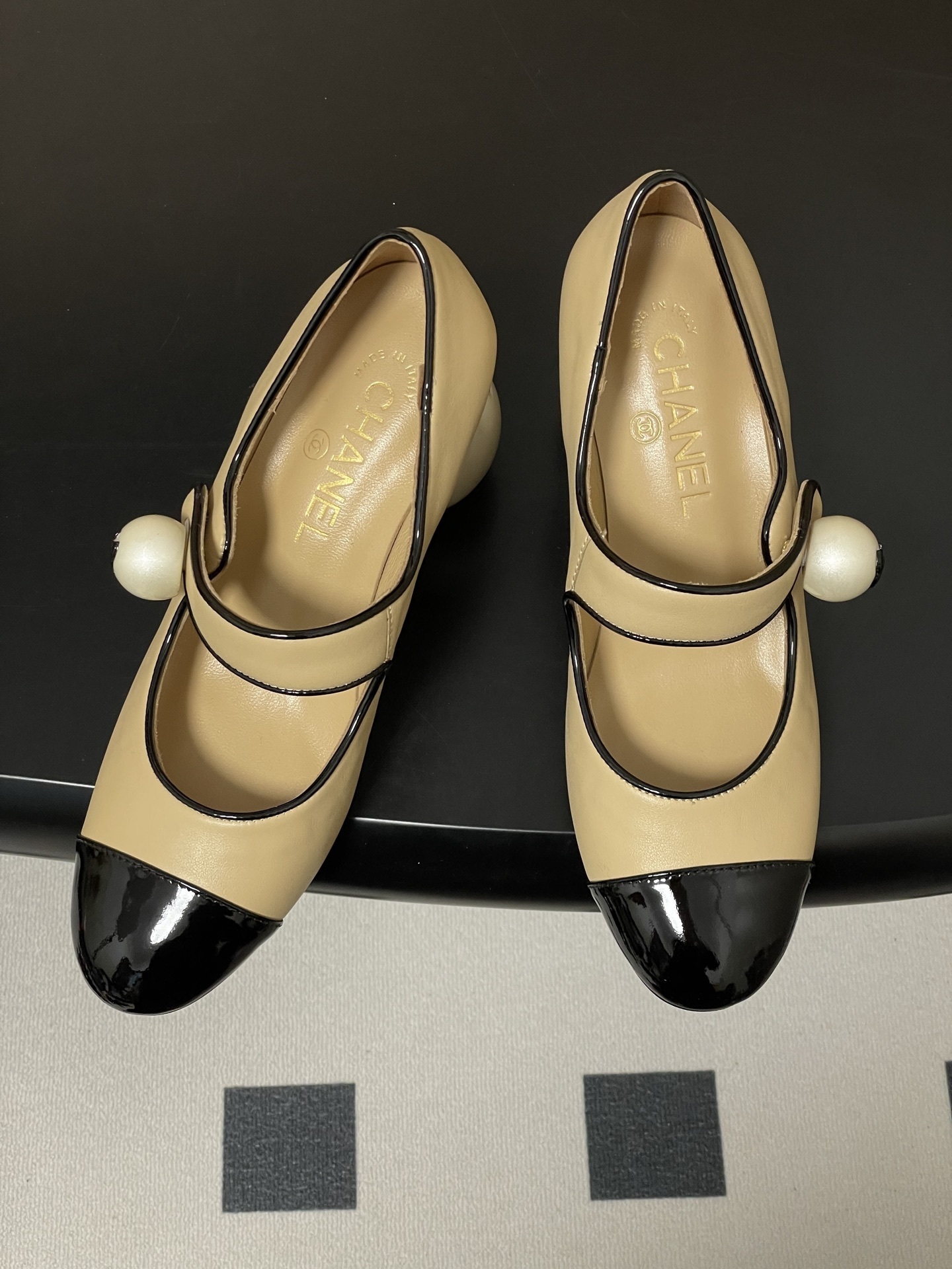 Chanel Pearl Heel Mary Janes - Beige & Black Patent Leather