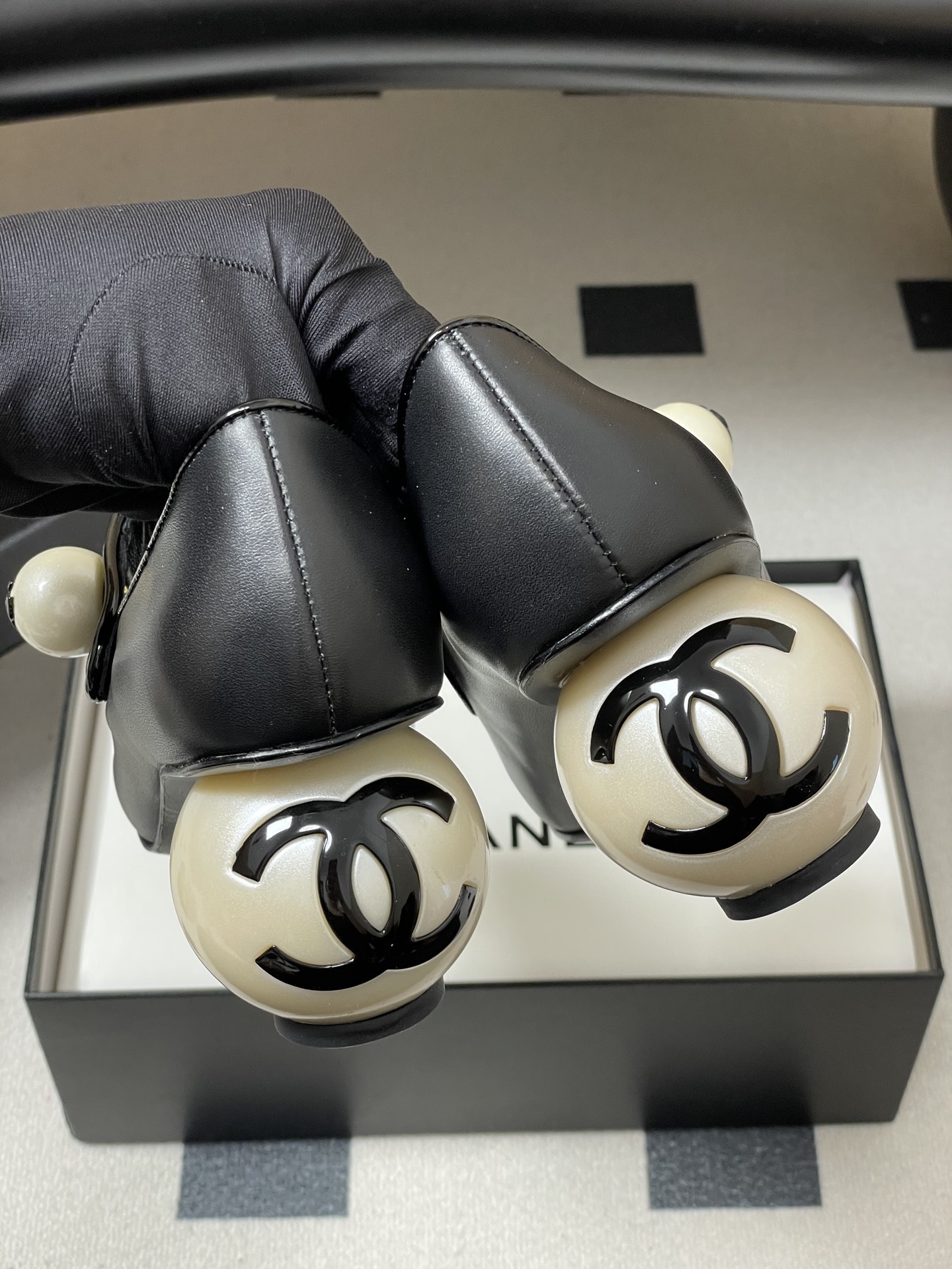 Chanel Pearl Heel Mary Janes: Black Leather with Patent Toe