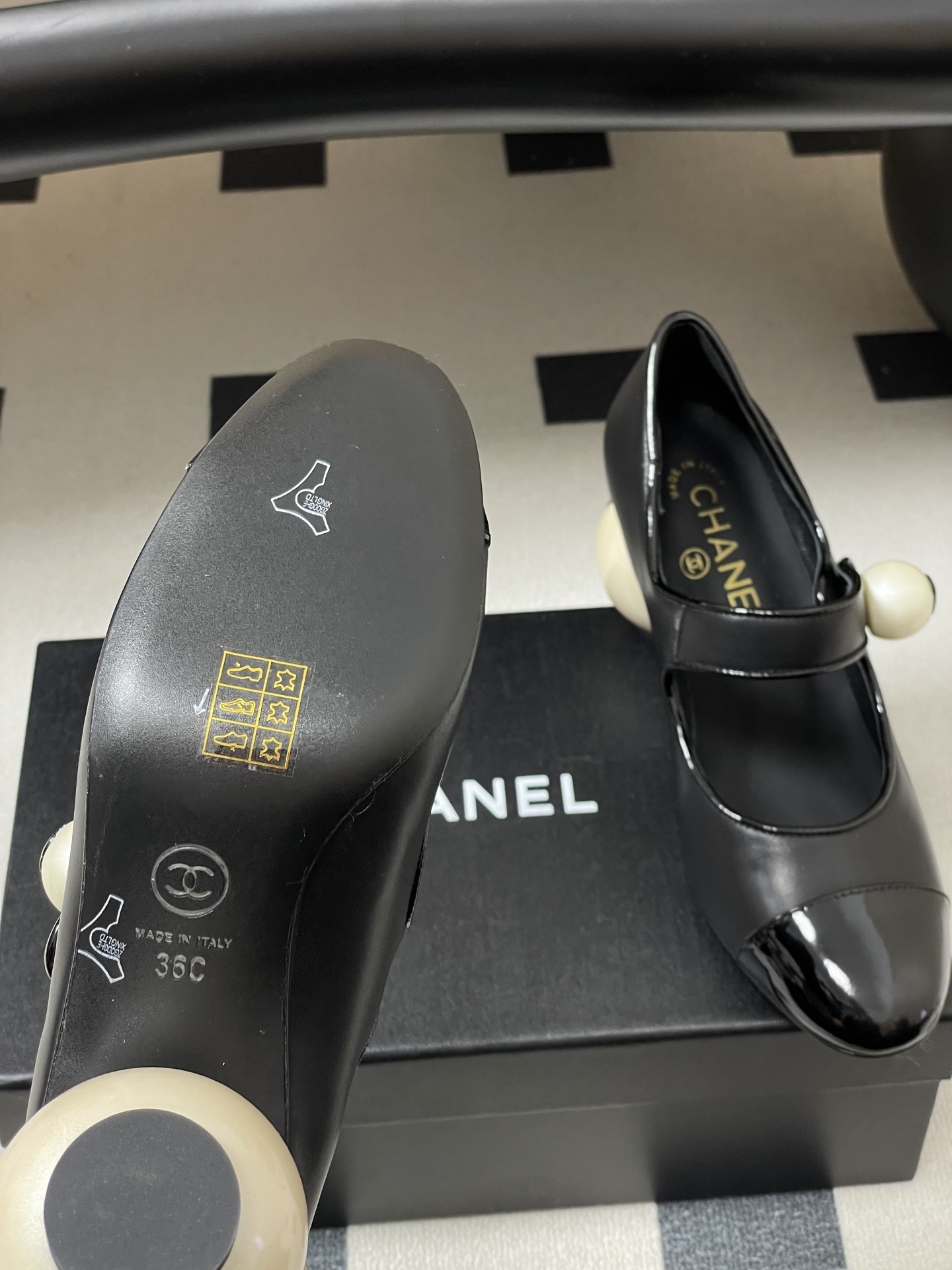 Chanel Pearl Heel Mary Janes: Black Leather with Patent Toe
