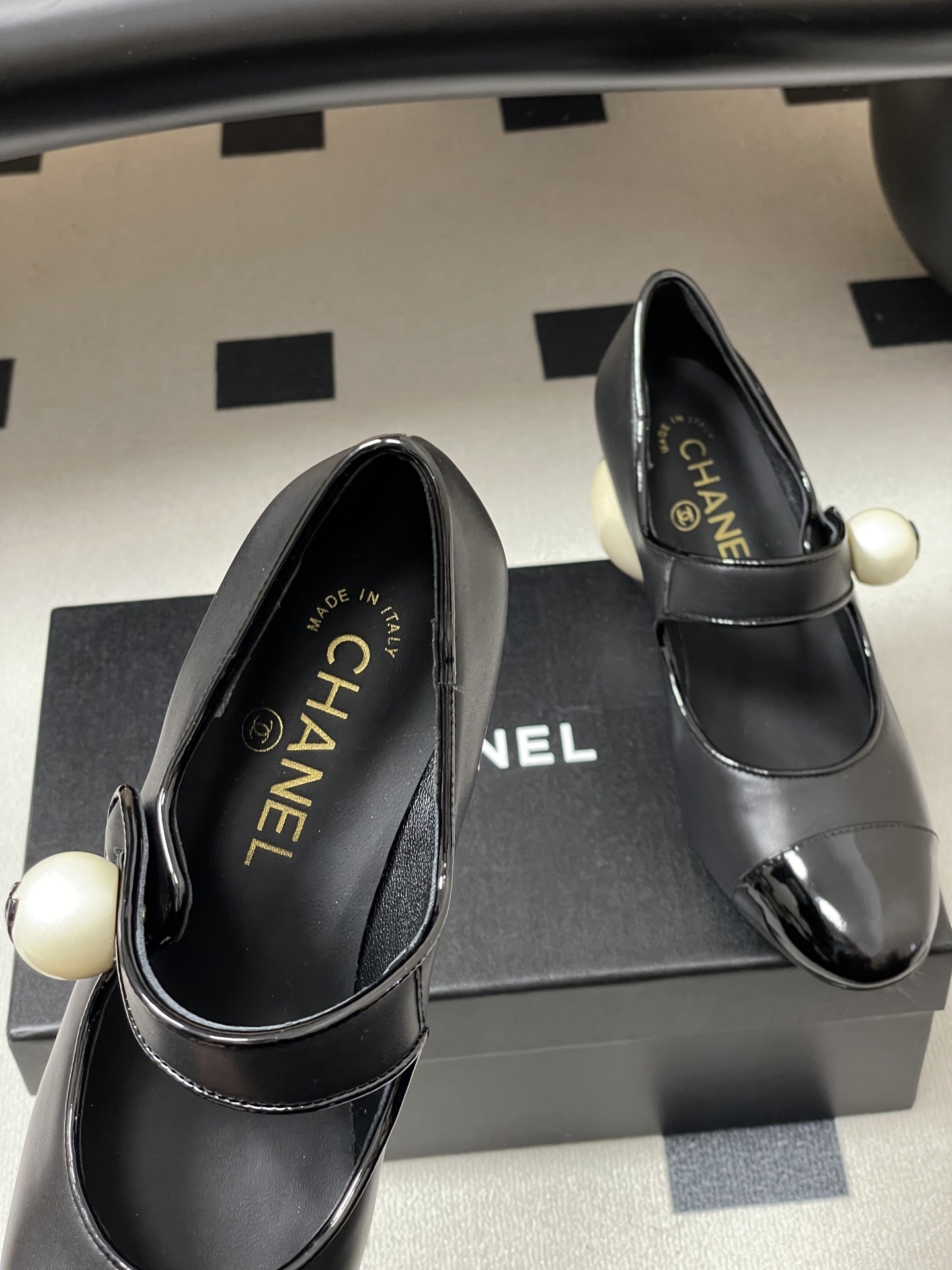 Chanel Pearl Heel Mary Janes: Black Leather with Patent Toe