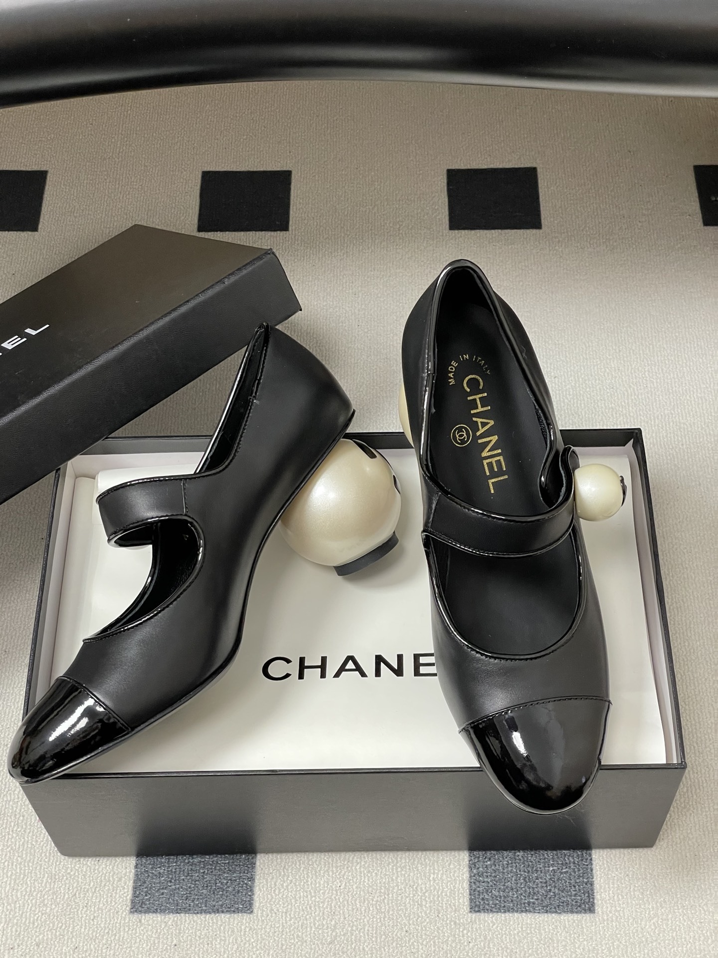 Chanel Pearl Heel Mary Janes: Black Leather with Patent Toe