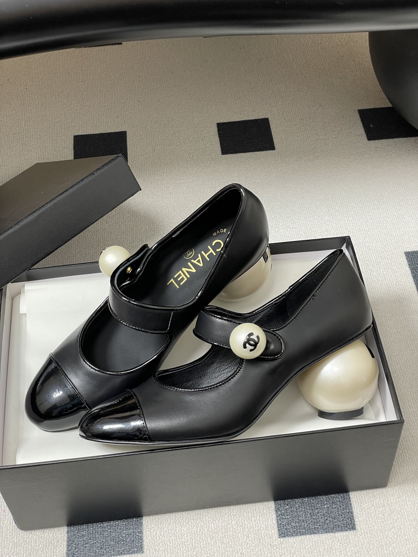Chanel Pearl Heel Mary Janes: Black Leather with Patent Toe