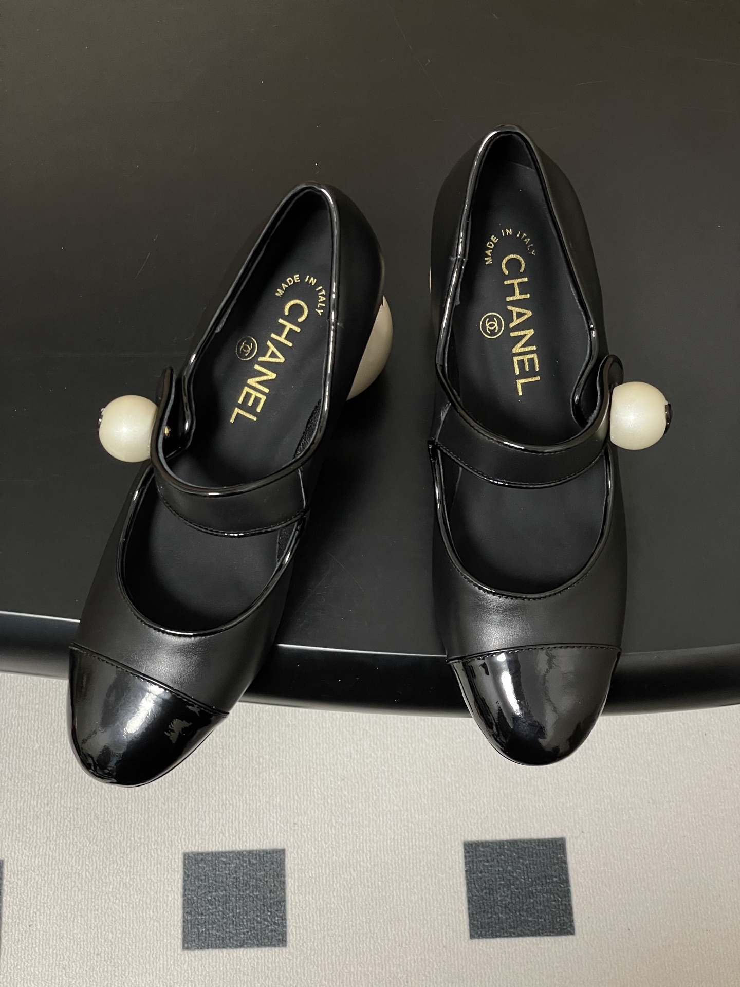 Chanel Pearl Heel Mary Janes: Black Leather with Patent Toe