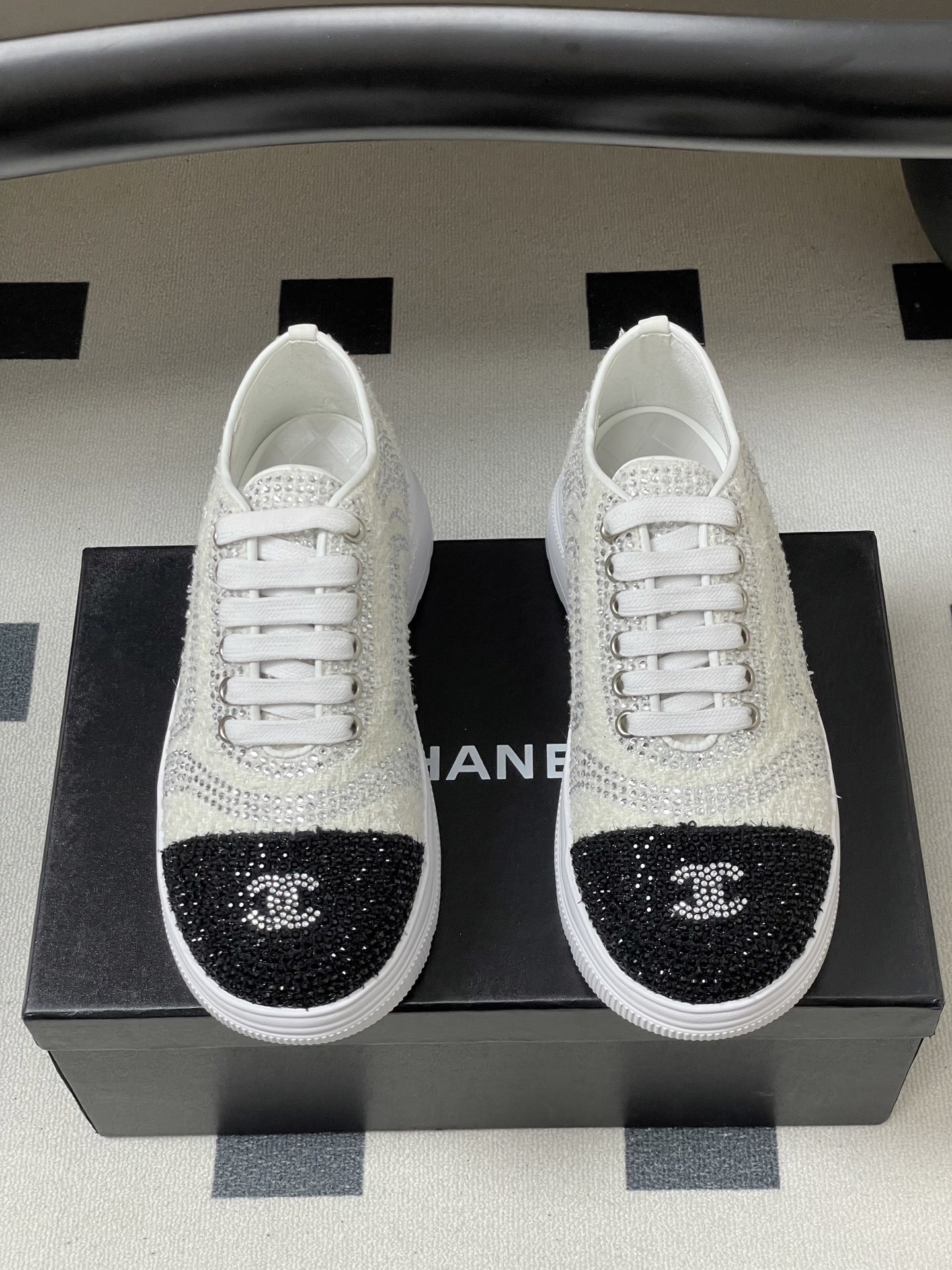 Luxury Rhinestone Tweed Platform Sneakers - Elegant White & Black