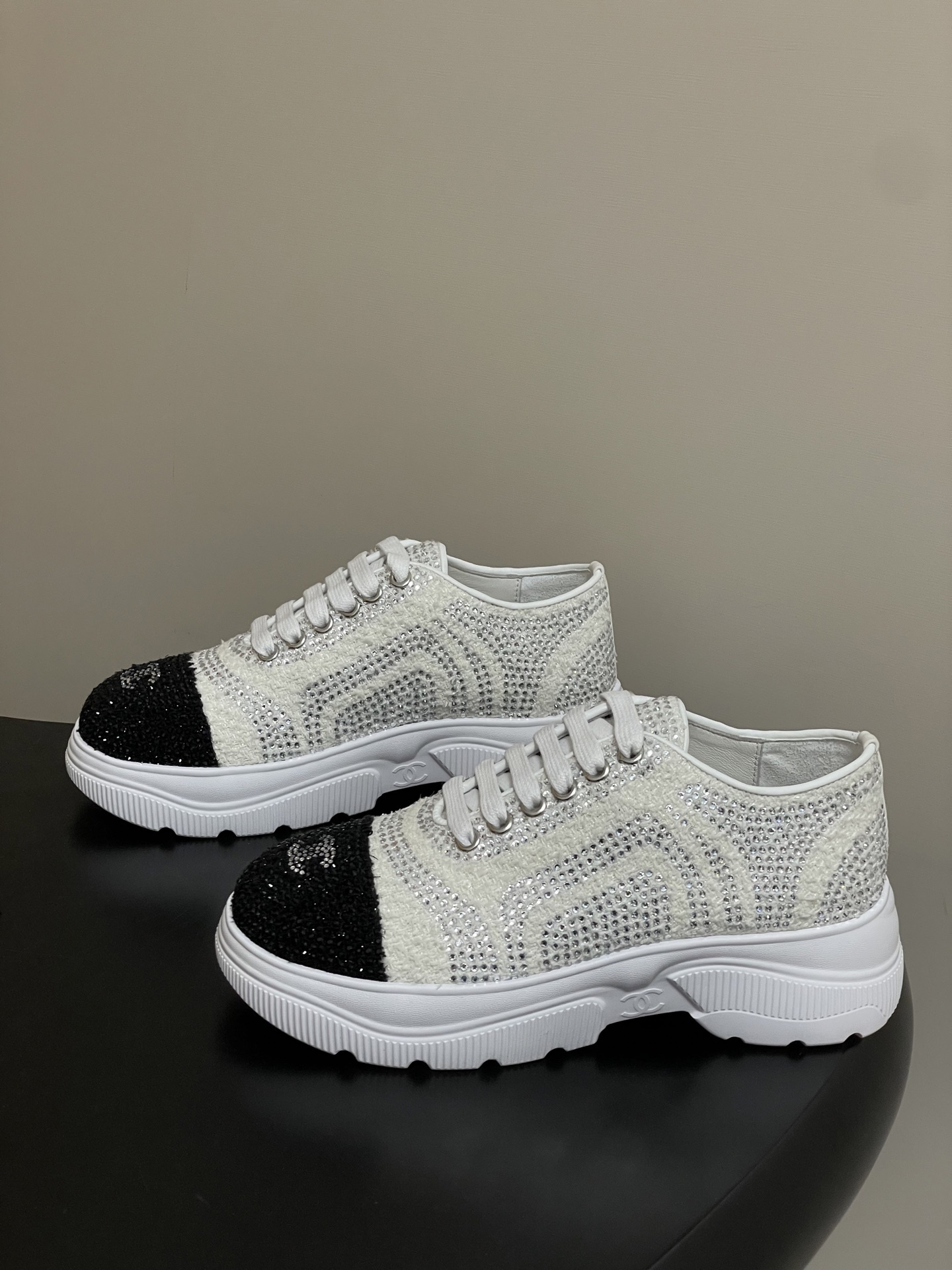 Luxury Rhinestone Tweed Platform Sneakers - Elegant White & Black